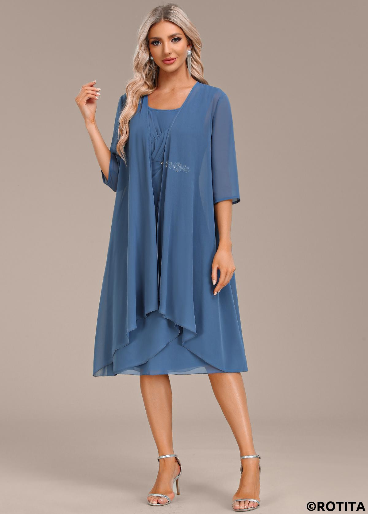 Blue dresses,Plain Color dresses,Party dresses,Elegant dresses,ROTITA Hot Drilling Blue Two Piece Suit Dress and Cardigan