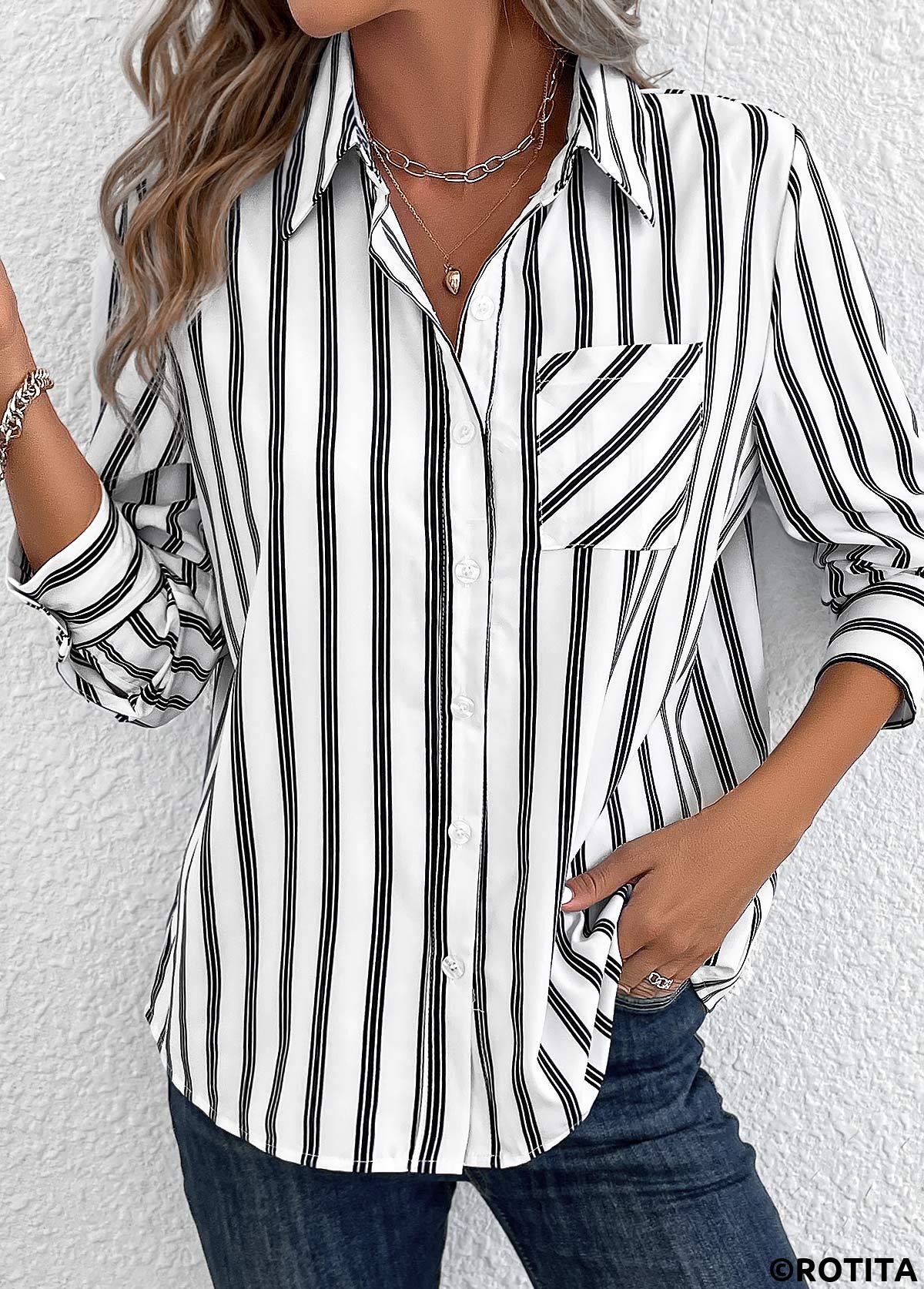 White tops,Striped tops,ROTITA Pocket Striped White Shirt Collar Long Sleeve Blouse