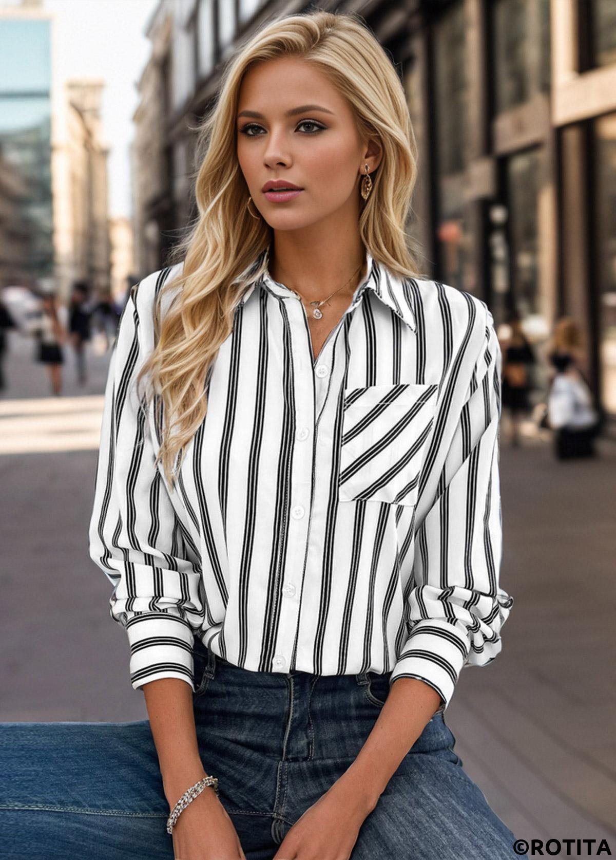 White tops,Striped tops,ROTITA Pocket Striped White Shirt Collar Long Sleeve Blouse