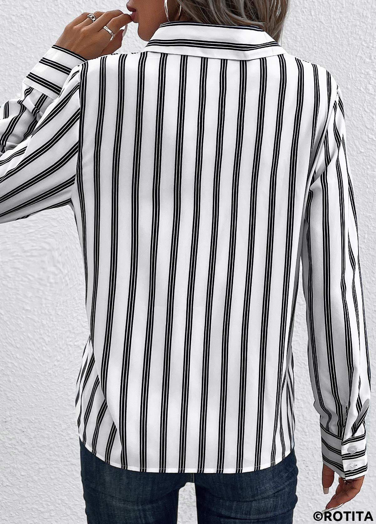 White tops,Striped tops,ROTITA Pocket Striped White Shirt Collar Long Sleeve Blouse
