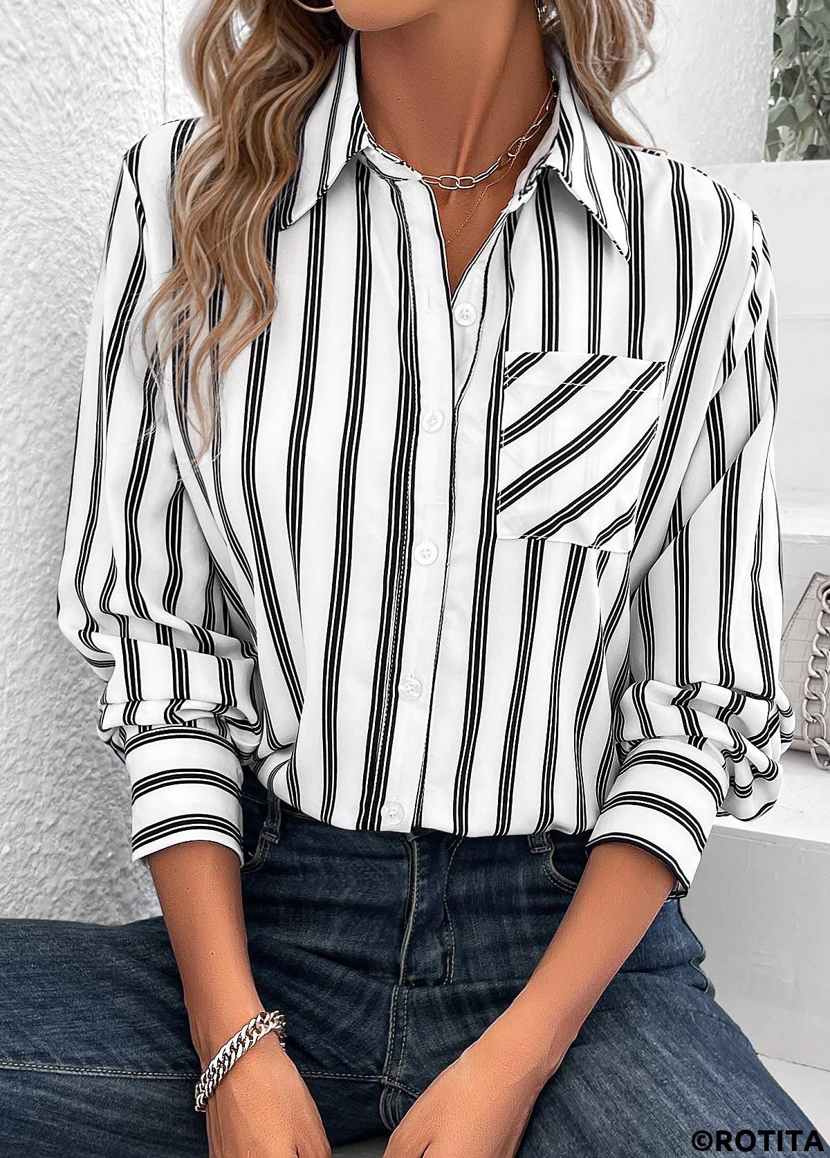 White tops,Striped tops,ROTITA Pocket Striped White Shirt Collar Long Sleeve Blouse