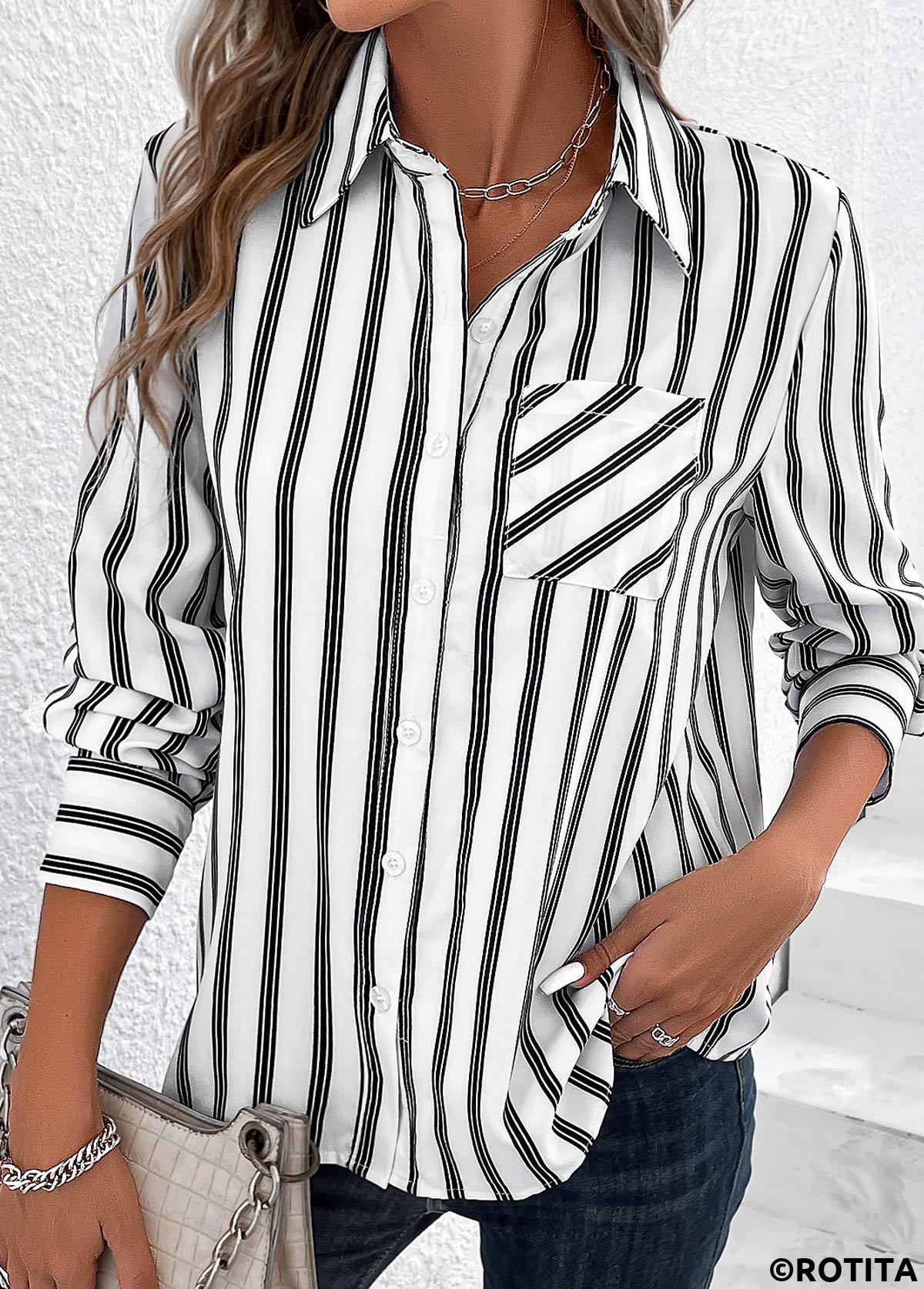 White tops,Striped tops,ROTITA Pocket Striped White Shirt Collar Long Sleeve Blouse