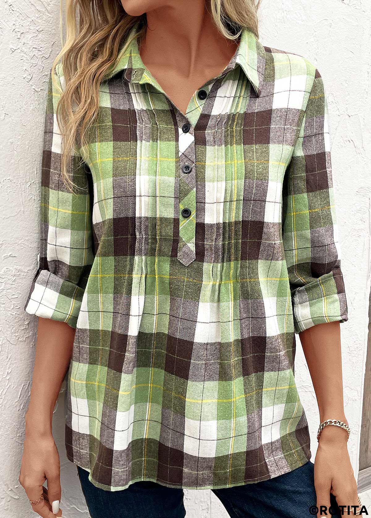 Multi Color tops,Plaid tops,Geometric tops,Striped tops,ROTITA Tuck Stitch Plaid Multi Color Shirt Collar Blouse