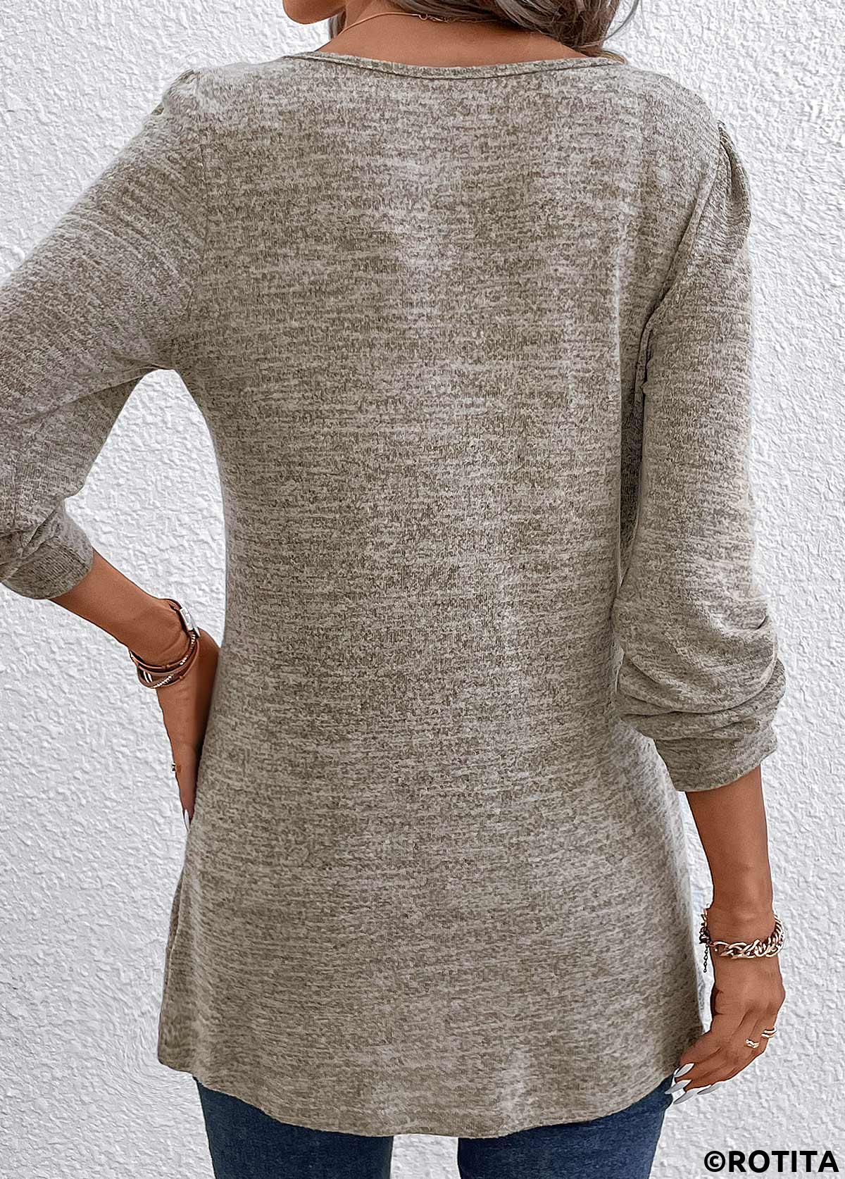 Light Camel tops,Plain Color tops,Ruched Light Camel Square Neck Long Sleeve T Shirt
