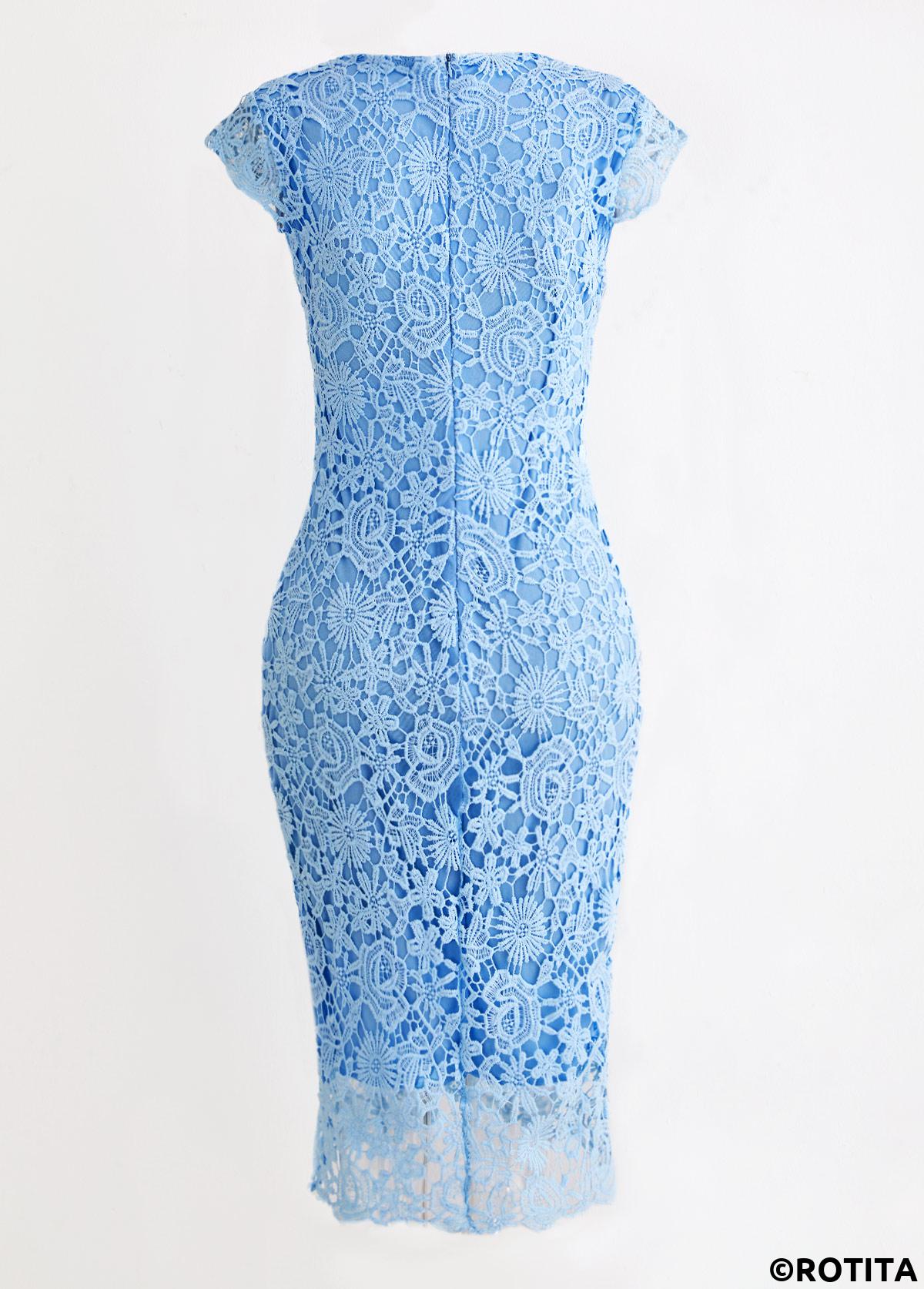 Light Blue dresses,Plain Color dresses,Party dresses,Elegant dresses,ROTITA Lace Light Blue Round Neck Bodycon Dress