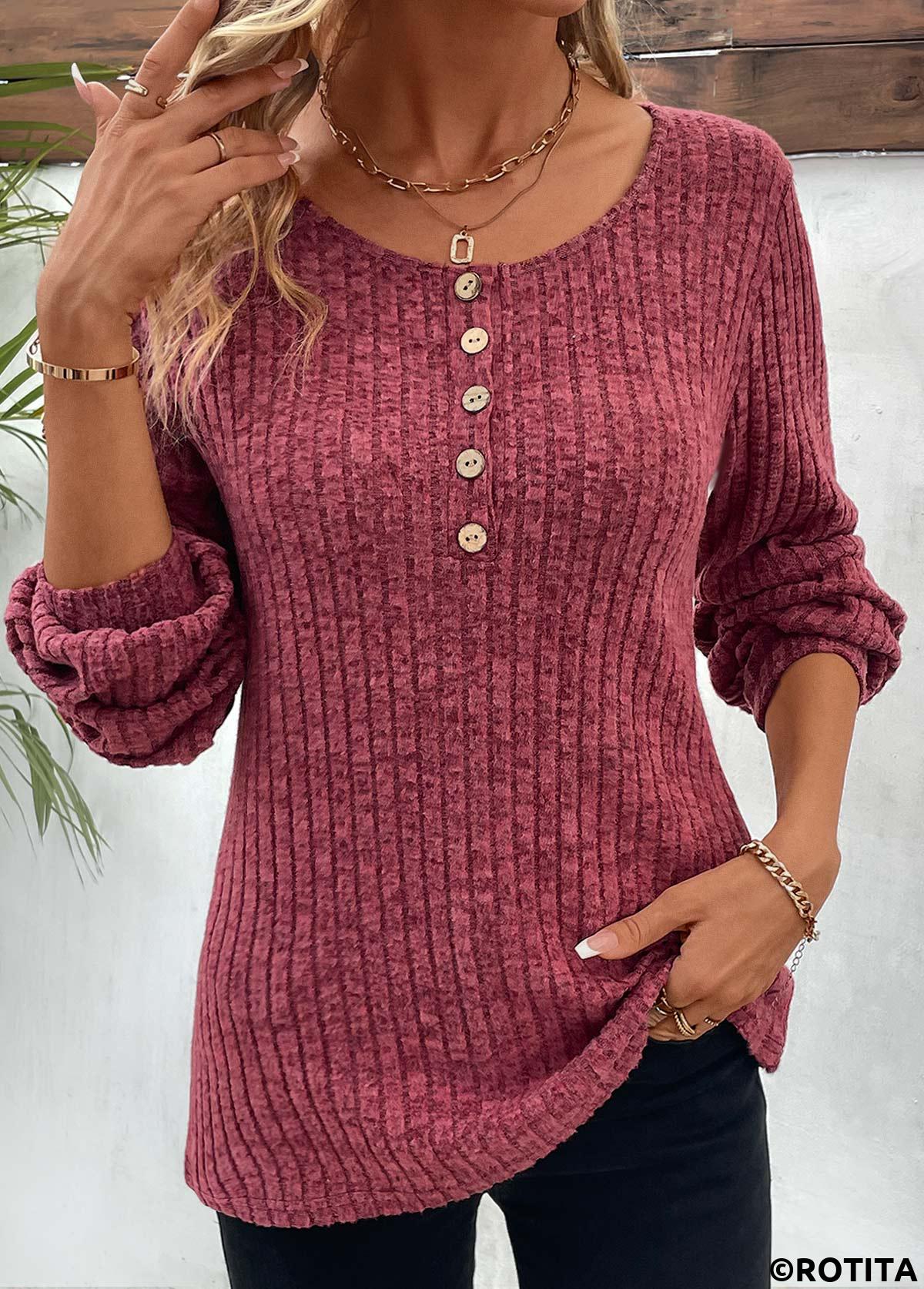Dark Reddish Purple tops,Plain Color tops,Dark Reddish Purple Round Neck Button T Shirt