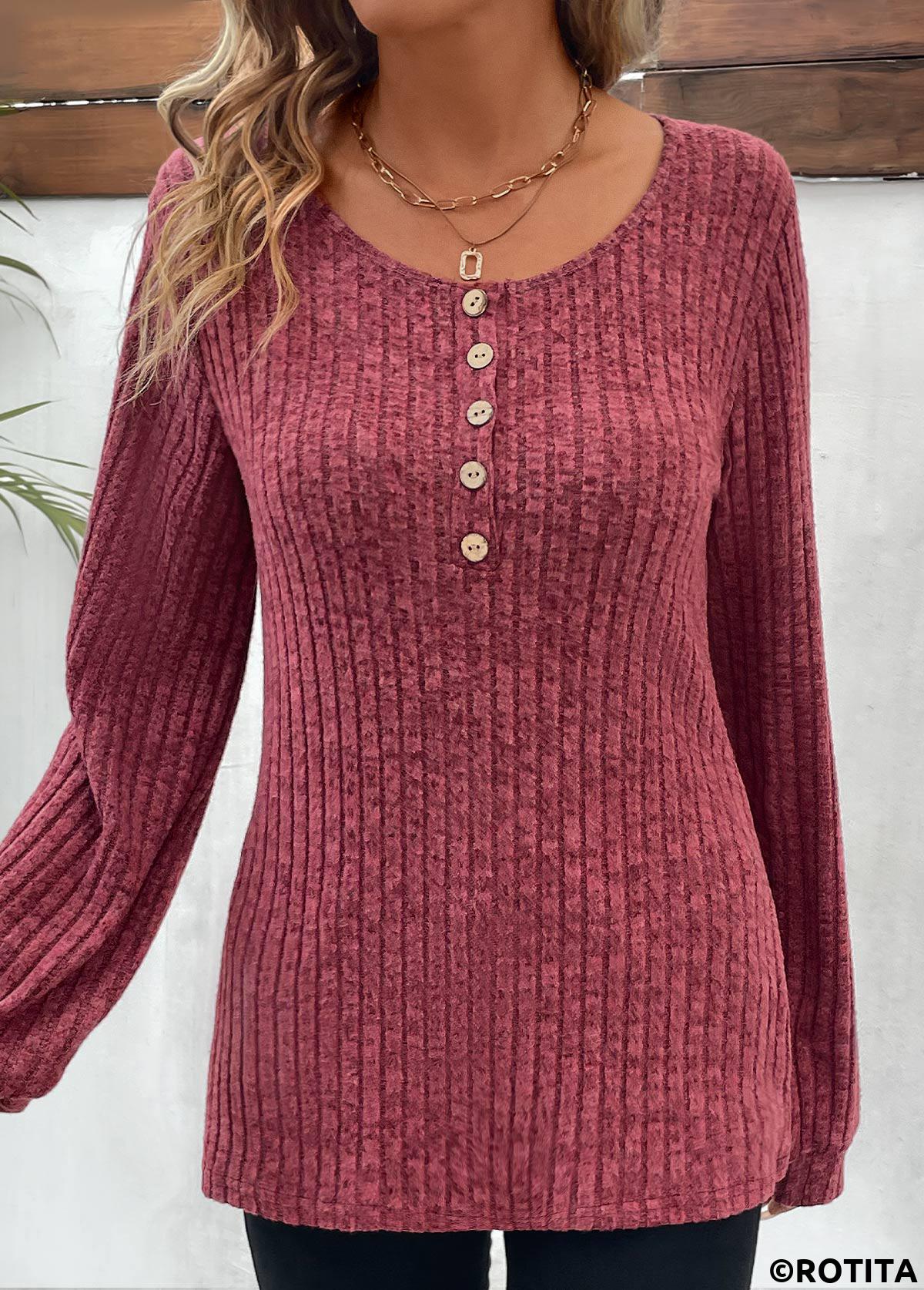 Dark Reddish Purple tops,Plain Color tops,Dark Reddish Purple Round Neck Button T Shirt