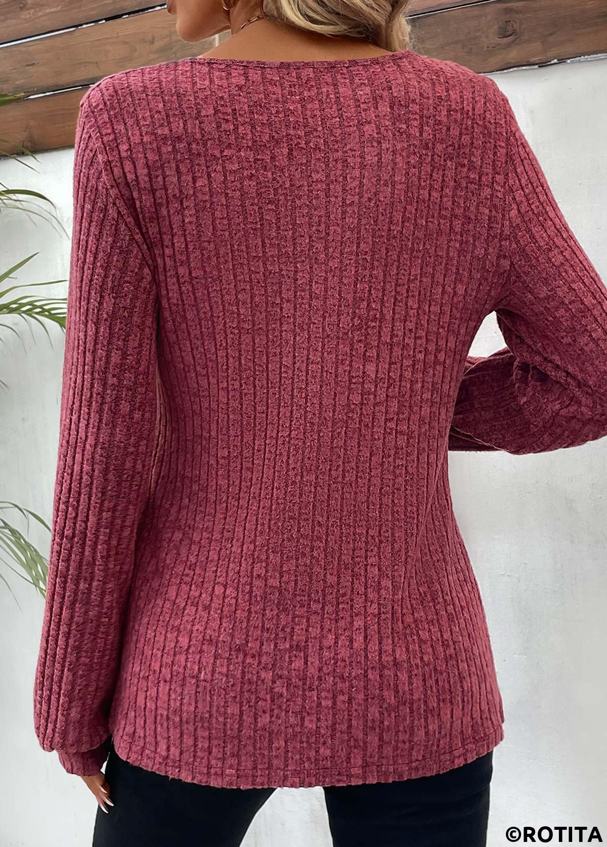 Dark Reddish Purple tops,Plain Color tops,Dark Reddish Purple Round Neck Button T Shirt