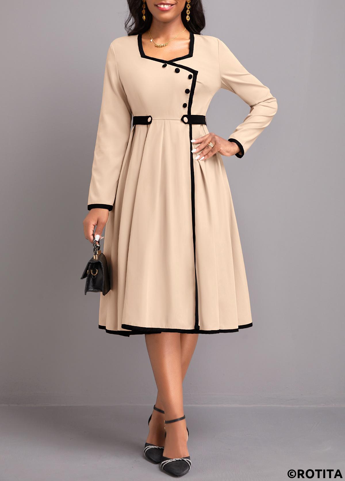 Light Camel dresses,Contrast Color dresses,Party dresses,Elegant dresses,ROTITA Contrast Binding Light Camel Long Sleeve Dress