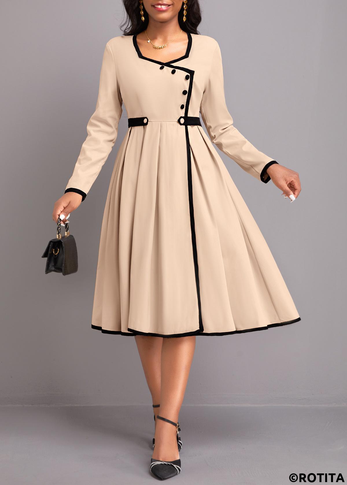 Light Camel dresses,Contrast Color dresses,Party dresses,Elegant dresses,ROTITA Contrast Binding Light Camel Long Sleeve Dress