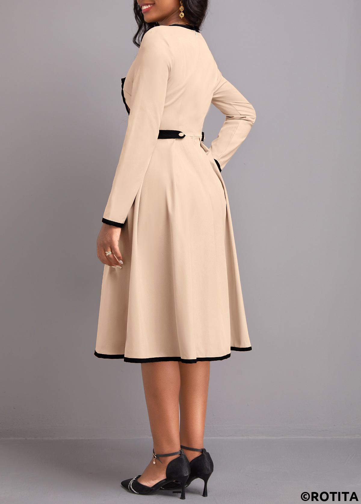 Light Camel dresses,Contrast Color dresses,Party dresses,Elegant dresses,ROTITA Contrast Binding Light Camel Long Sleeve Dress