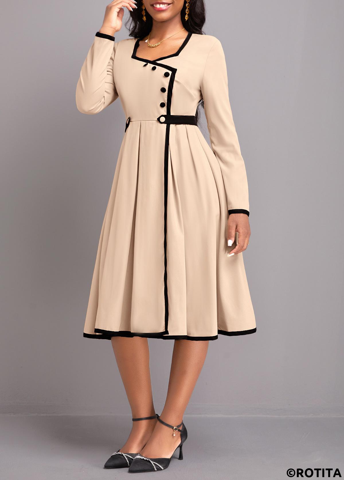 Light Camel dresses,Contrast Color dresses,Party dresses,Elegant dresses,ROTITA Contrast Binding Light Camel Long Sleeve Dress