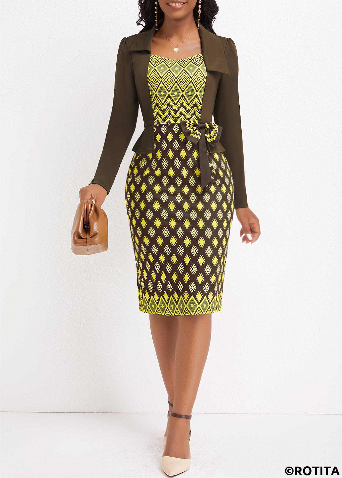 Olive Green dresses,Plaid dresses,Striped dresses,Party dresses,Elegant dresses,ROTITA Patchwork Argyle Print Olive Green Bodycon Long Sleeve Dress