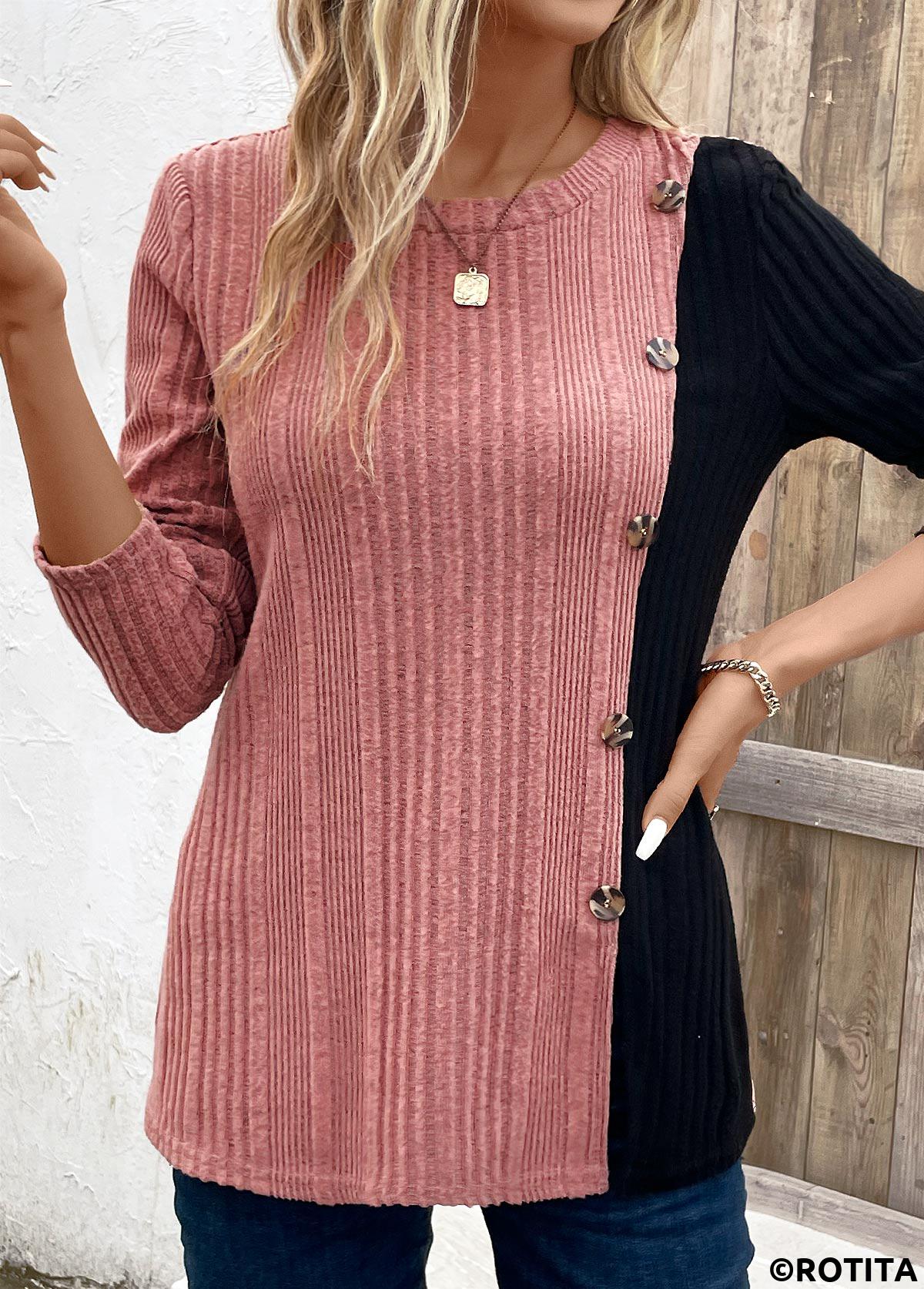 Pink plus size,Black plus size,Contrast Color plus size,ROTITA Plus Size Patchwork Black Round Neck T Shirt