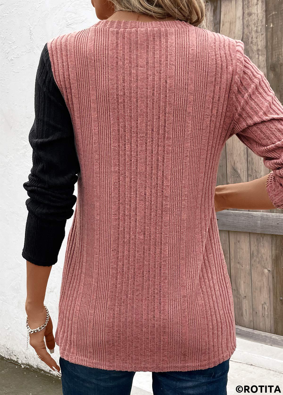 Pink plus size,Black plus size,Contrast Color plus size,ROTITA Plus Size Patchwork Black Round Neck T Shirt