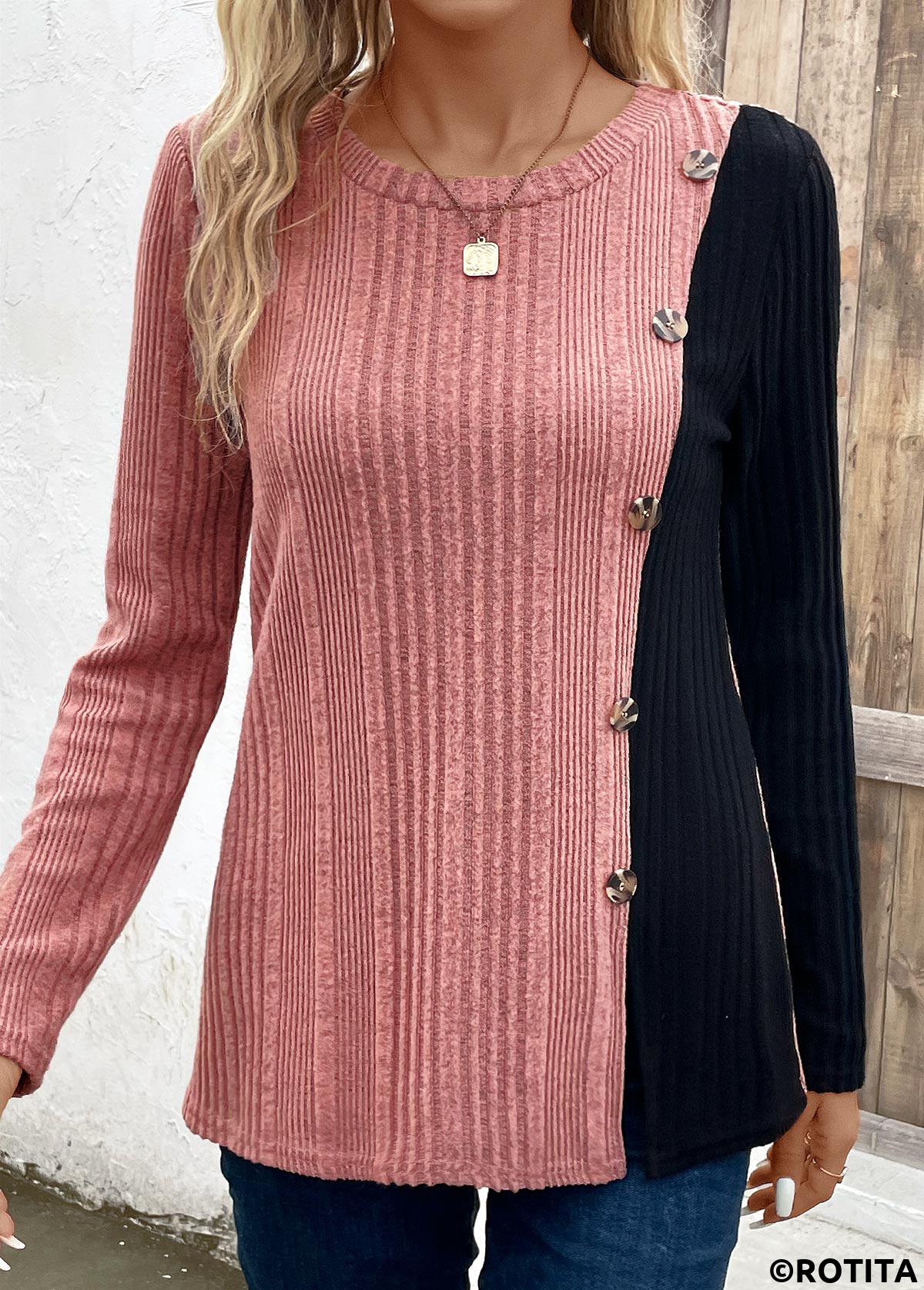Pink plus size,Black plus size,Contrast Color plus size,ROTITA Plus Size Patchwork Black Round Neck T Shirt