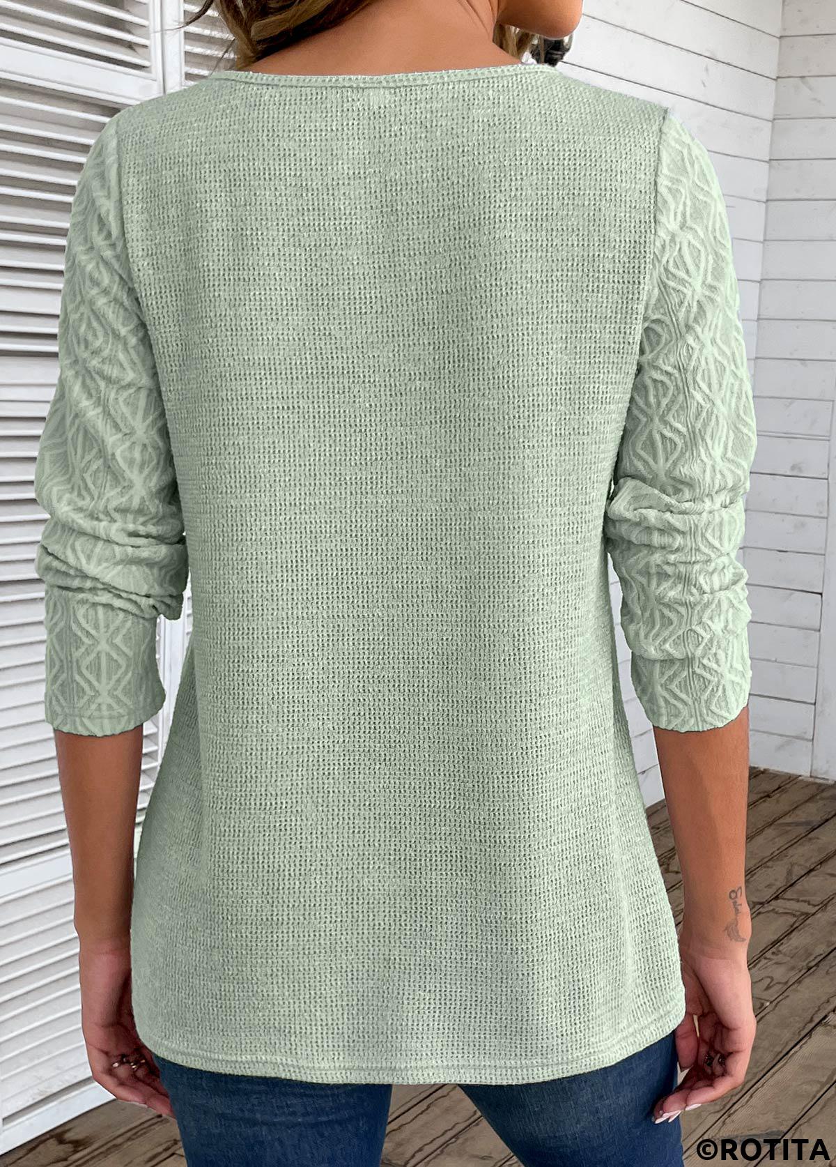 Sage Green tops,Plain Color tops,ROTITA Sage Green Round Neck Patchwork Long Sleeve T Shirt