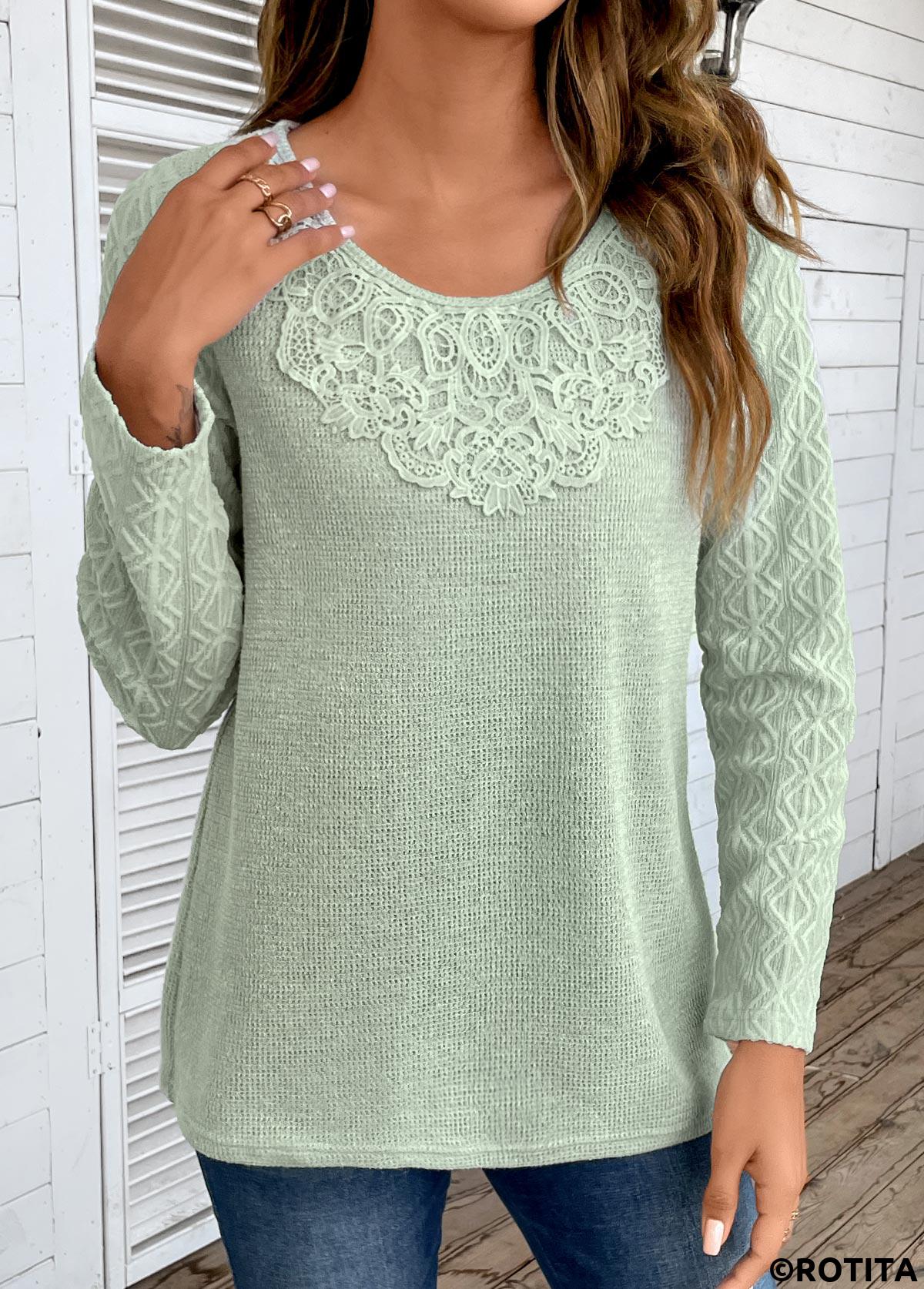 Sage Green tops,Plain Color tops,ROTITA Sage Green Round Neck Patchwork Long Sleeve T Shirt