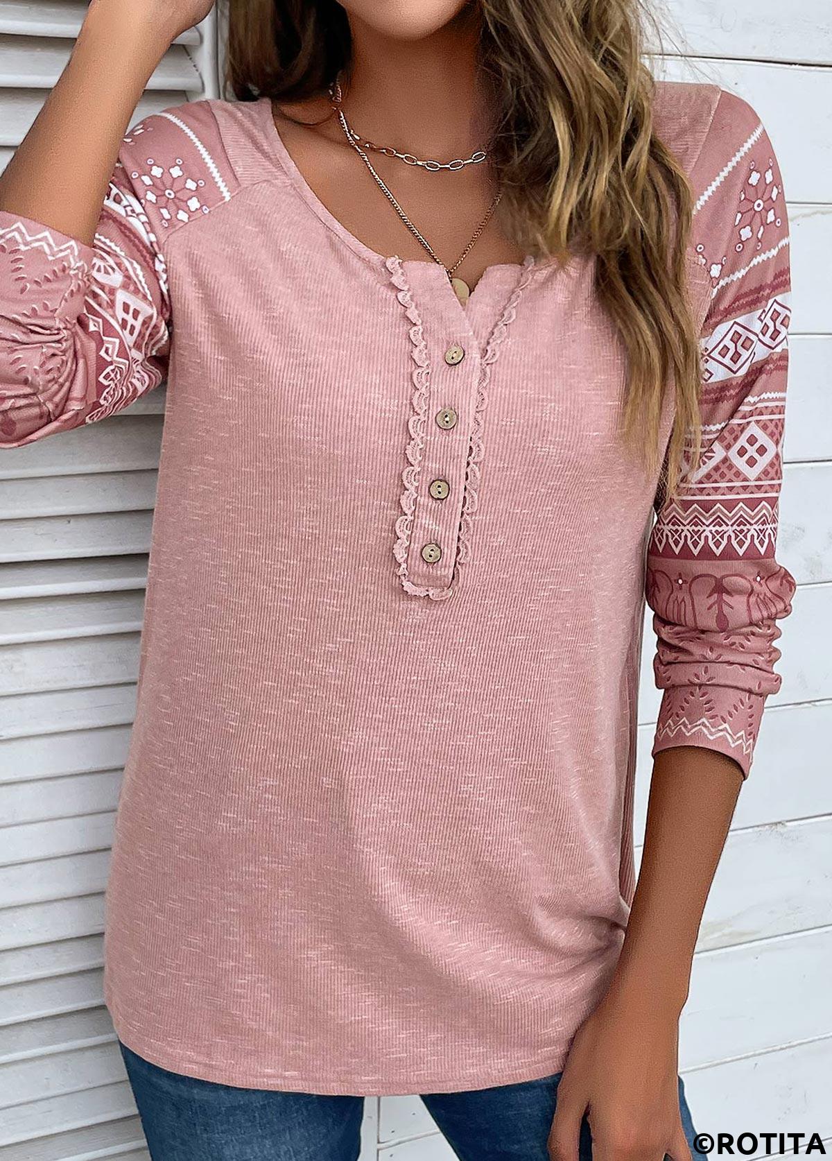 Pink tops,Tribal tops,Geometric tops,Striped tops,ROTITA Lace Tribal Print Pink Round Neck T Shirt