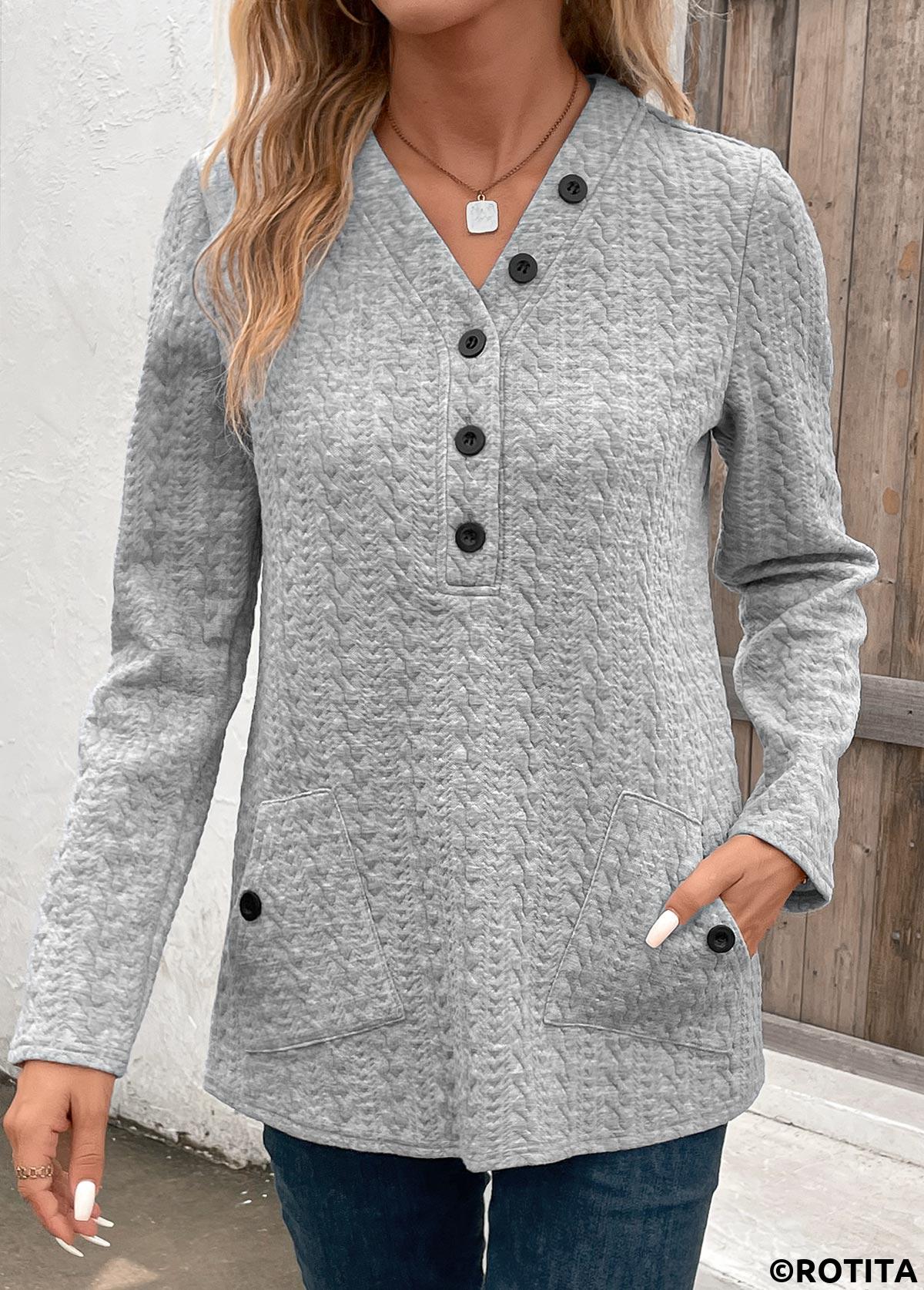 Light Grey tops,Plain Color tops,ROTITA Pocket Light Grey V Neck Long Sleeve Sweatshirt