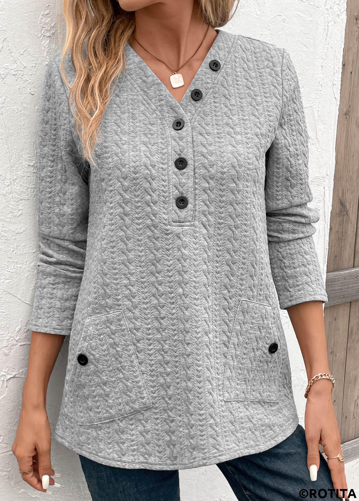 Light Grey tops,Plain Color tops,ROTITA Pocket Light Grey V Neck Long Sleeve Sweatshirt