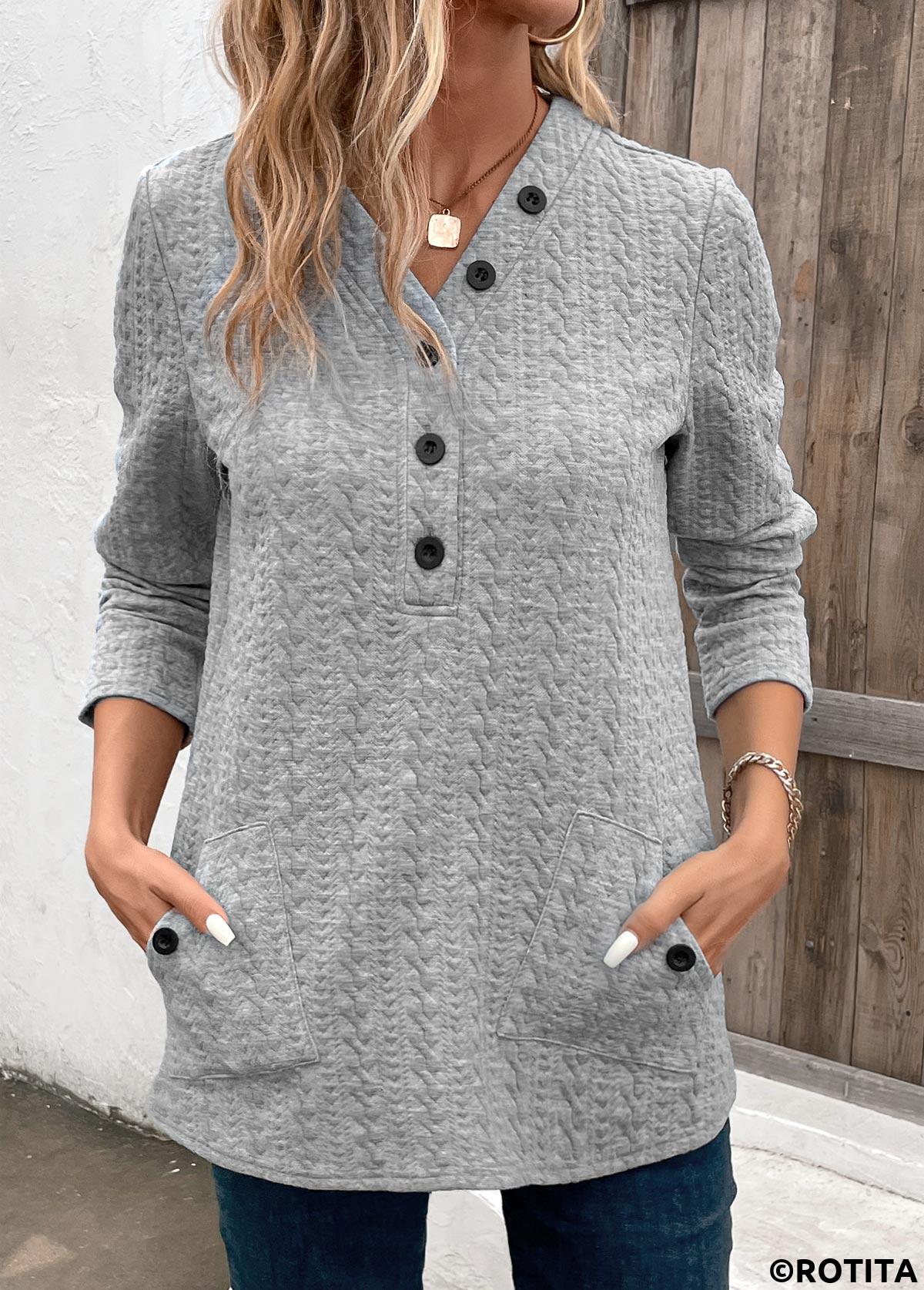 Light Grey tops,Plain Color tops,ROTITA Pocket Light Grey V Neck Long Sleeve Sweatshirt