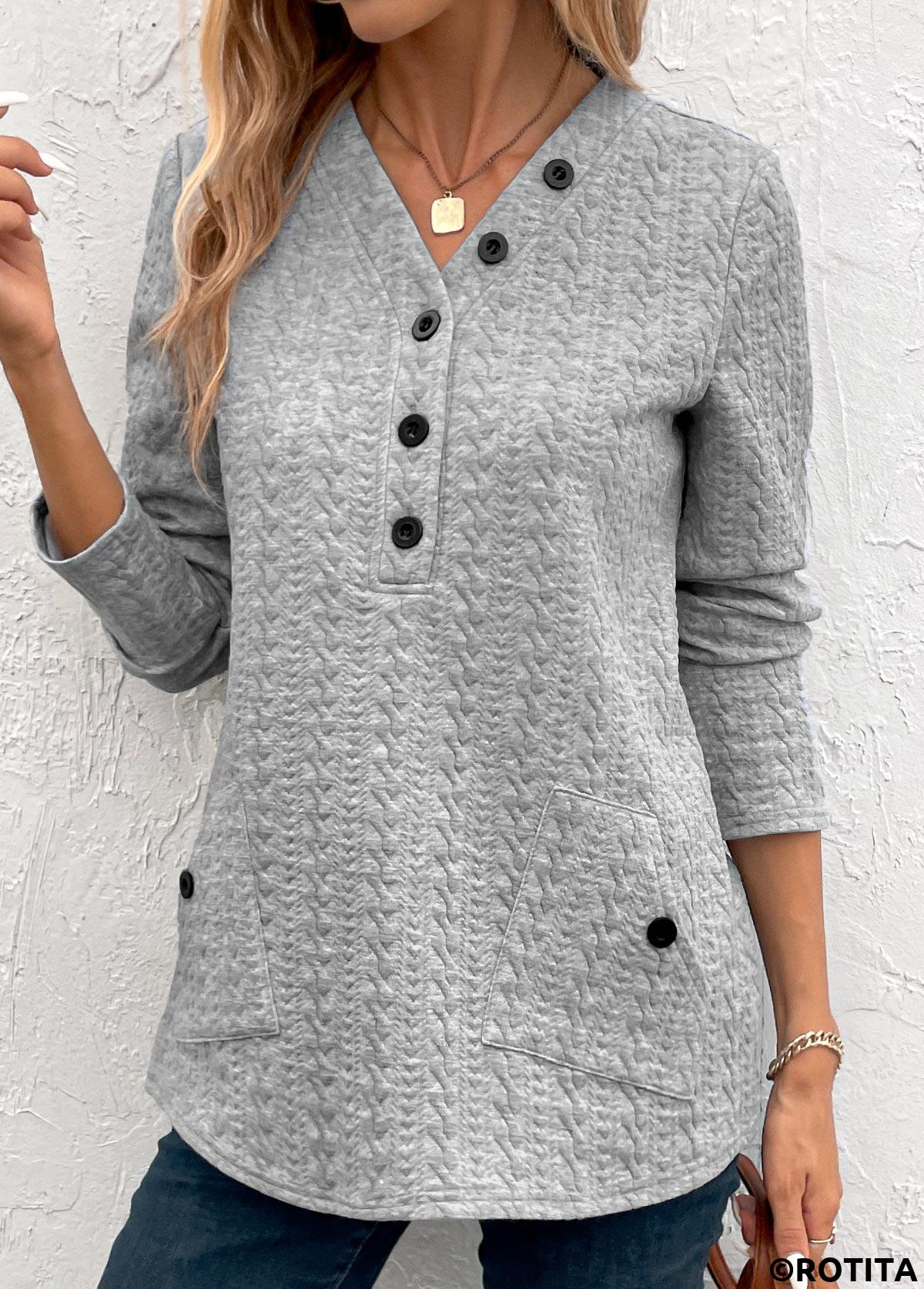 Light Grey tops,Plain Color tops,ROTITA Pocket Light Grey V Neck Long Sleeve Sweatshirt
