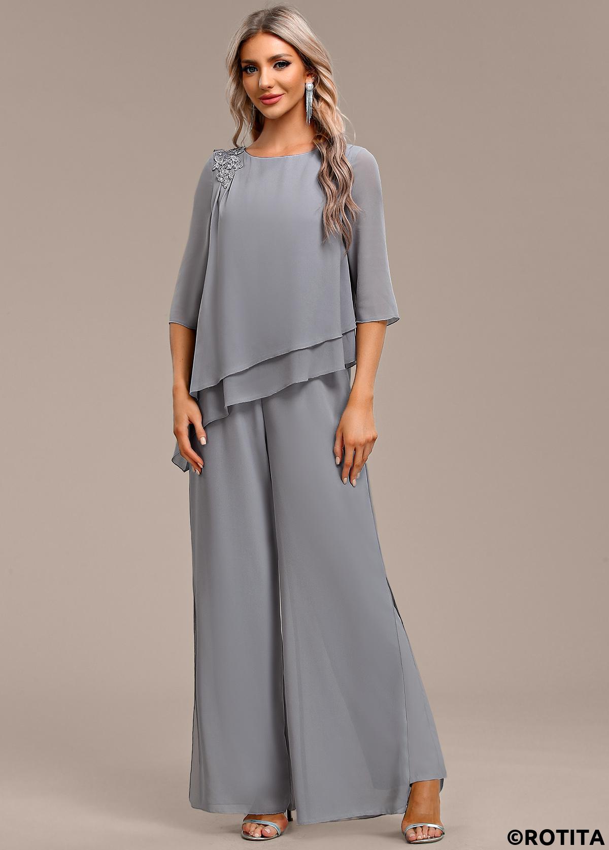Grey jumpsuits&rompers,Plain Color jumpsuits&rompers,ROTITA Asymmetry Grey Long Round Neck Jumpsuit