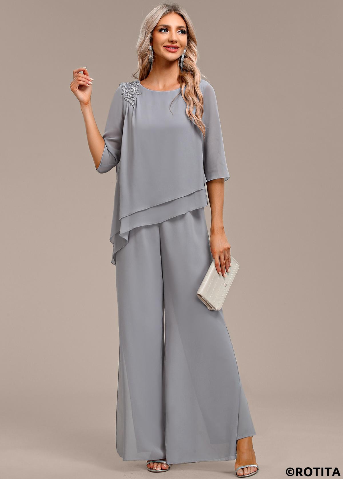 Grey jumpsuits&rompers,Plain Color jumpsuits&rompers,ROTITA Asymmetry Grey Long Round Neck Jumpsuit