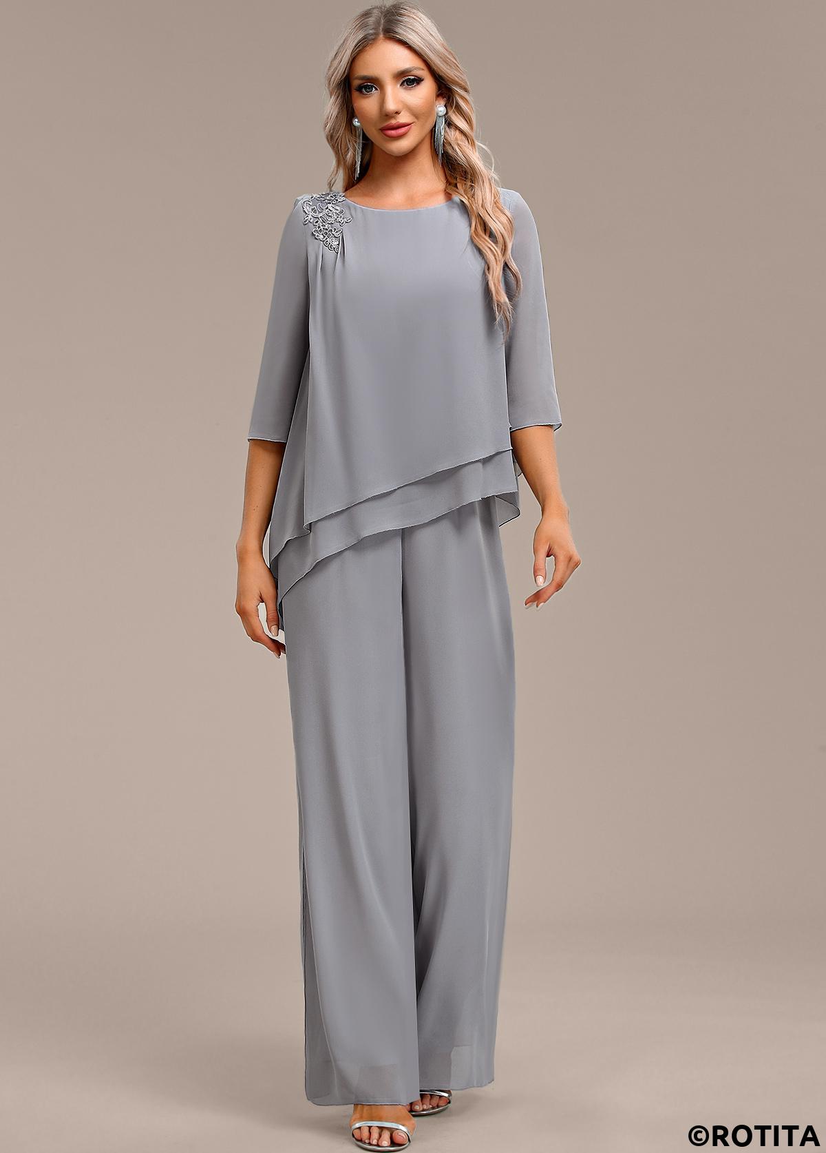 Grey jumpsuits&rompers,Plain Color jumpsuits&rompers,ROTITA Asymmetry Grey Long Round Neck Jumpsuit
