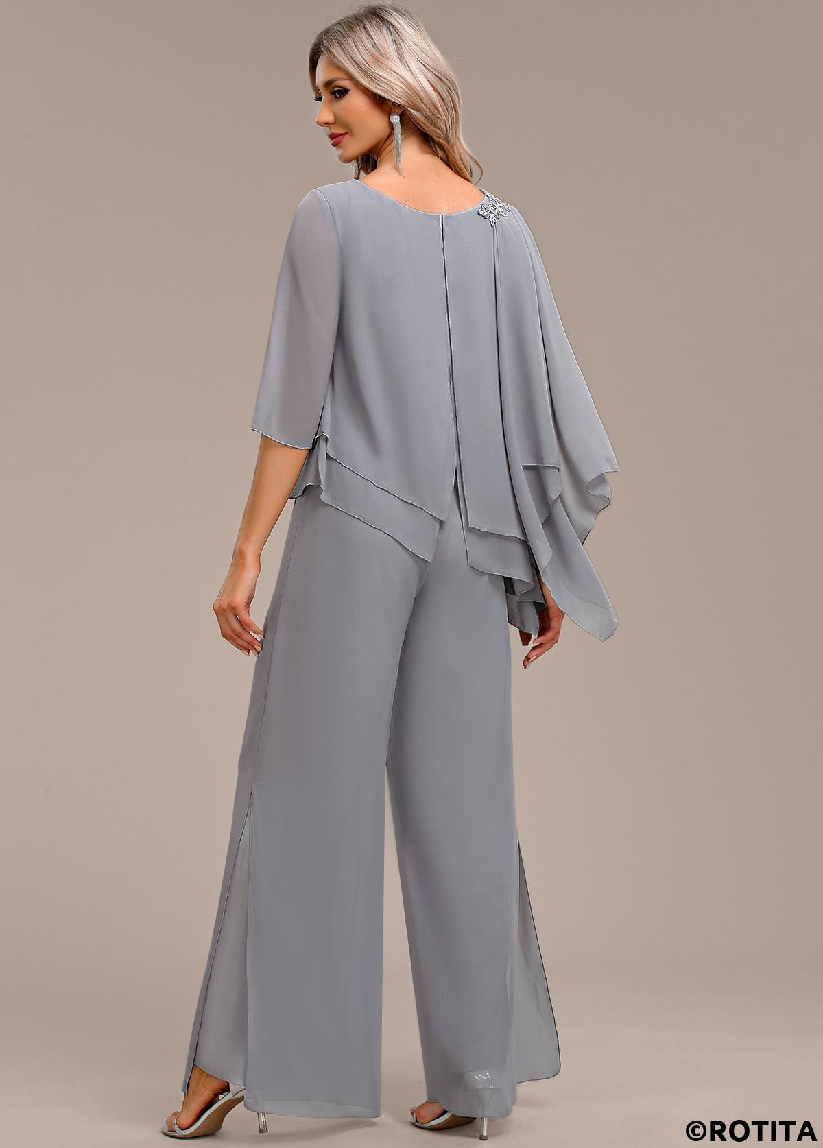 Grey jumpsuits&rompers,Plain Color jumpsuits&rompers,ROTITA Asymmetry Grey Long Round Neck Jumpsuit