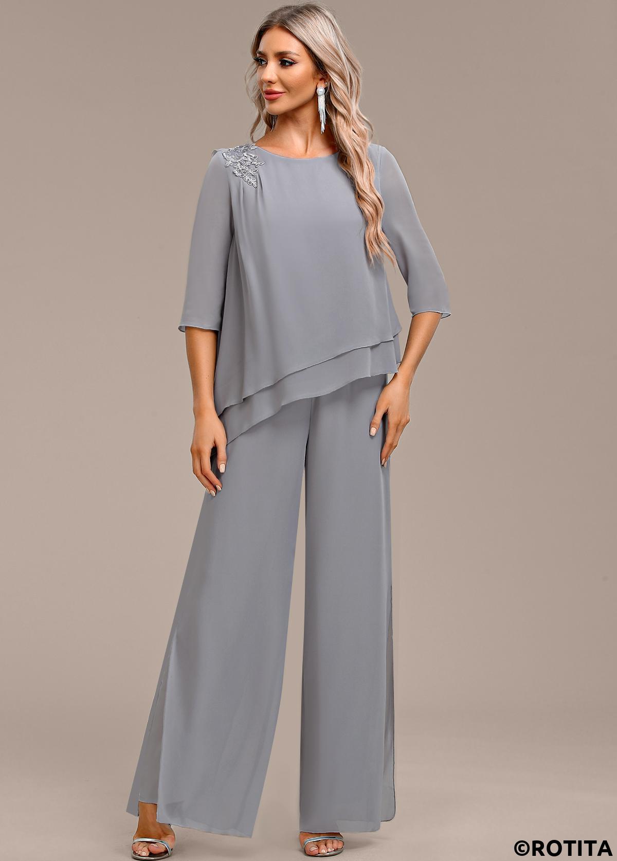 Grey jumpsuits&rompers,Plain Color jumpsuits&rompers,ROTITA Asymmetry Grey Long Round Neck Jumpsuit