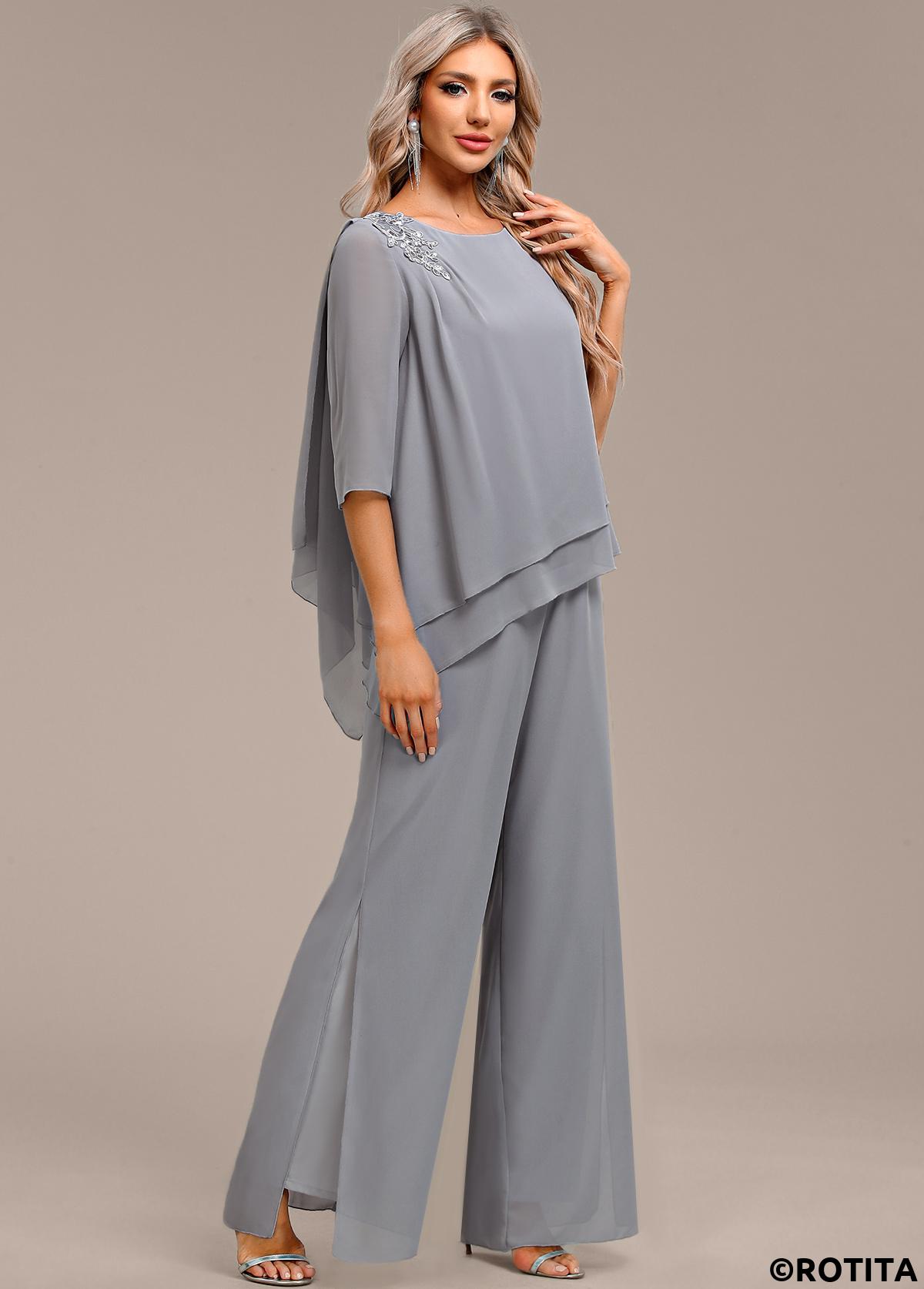 Grey jumpsuits&rompers,Plain Color jumpsuits&rompers,ROTITA Asymmetry Grey Long Round Neck Jumpsuit
