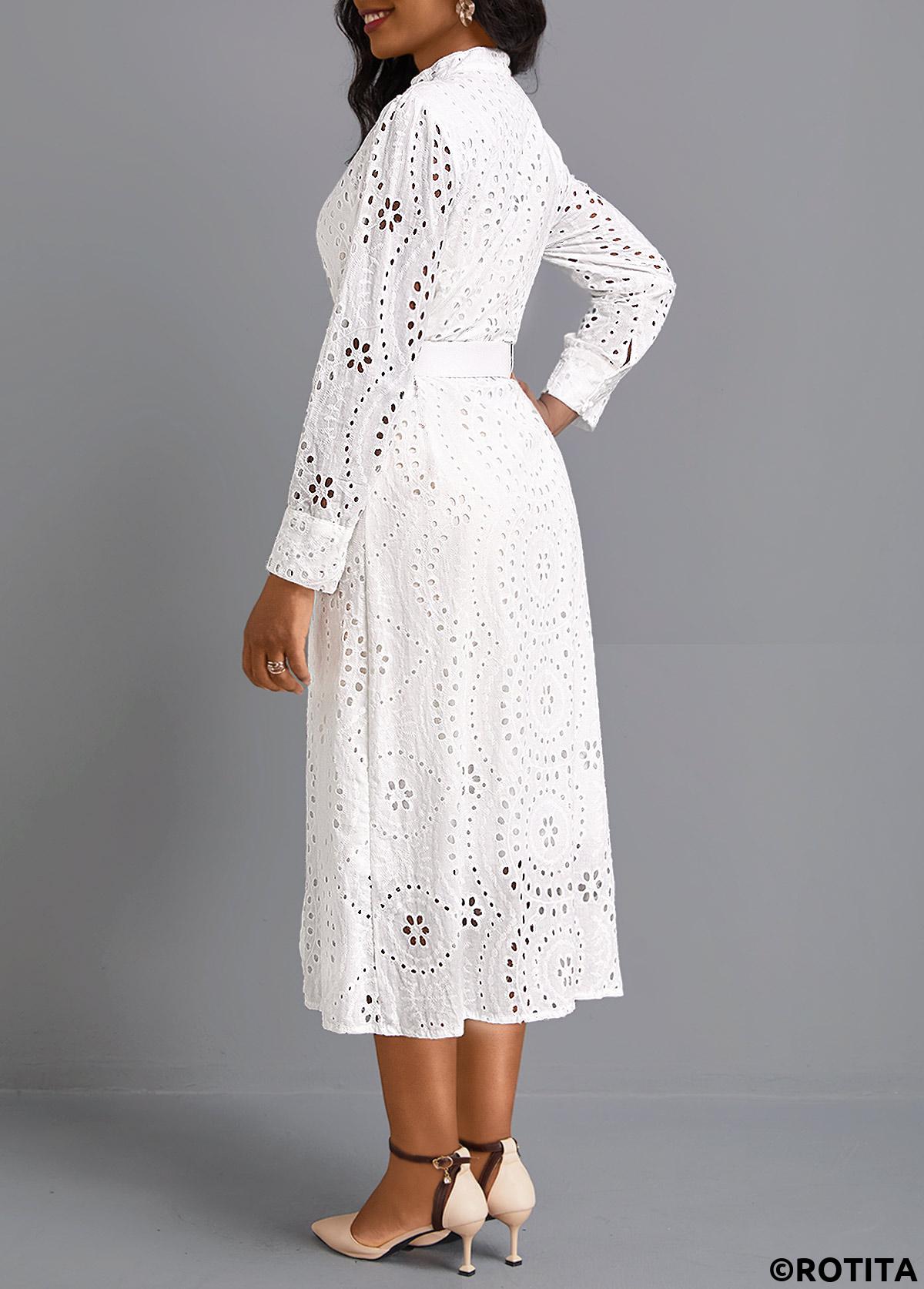 White dresses,Plain Color dresses,Party dresses,Elegant dresses,ROTITA Button White Belted Round Neck Long Sleeve Dress