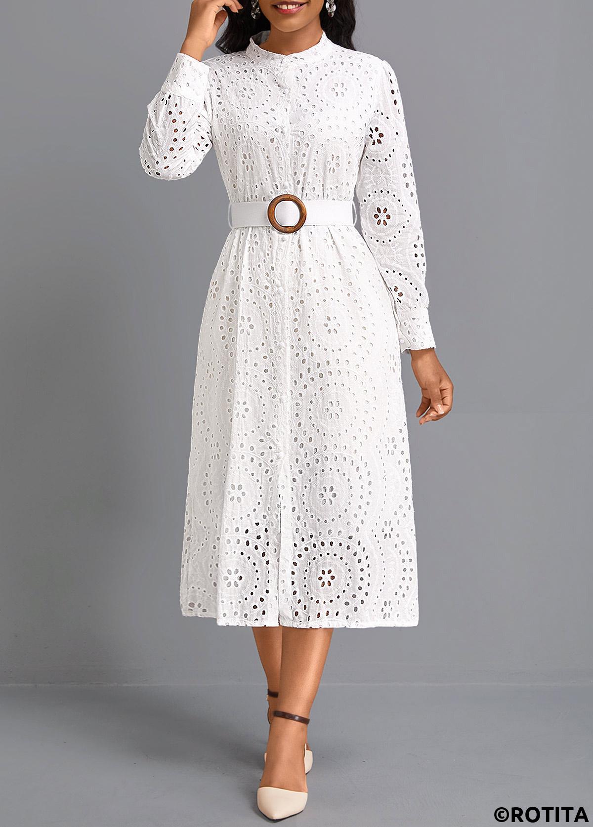 White dresses,Plain Color dresses,Party dresses,Elegant dresses,ROTITA Button White Belted Round Neck Long Sleeve Dress