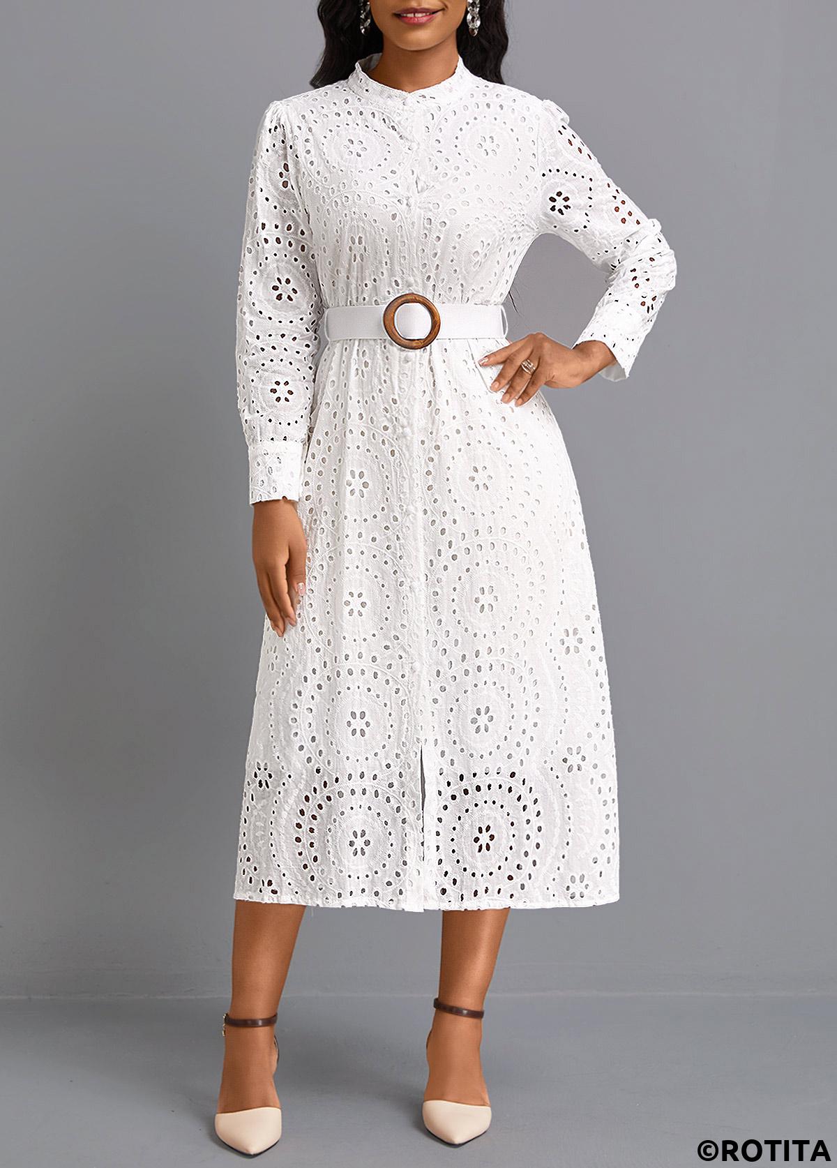 White dresses,Plain Color dresses,Party dresses,Elegant dresses,ROTITA Button White Belted Round Neck Long Sleeve Dress