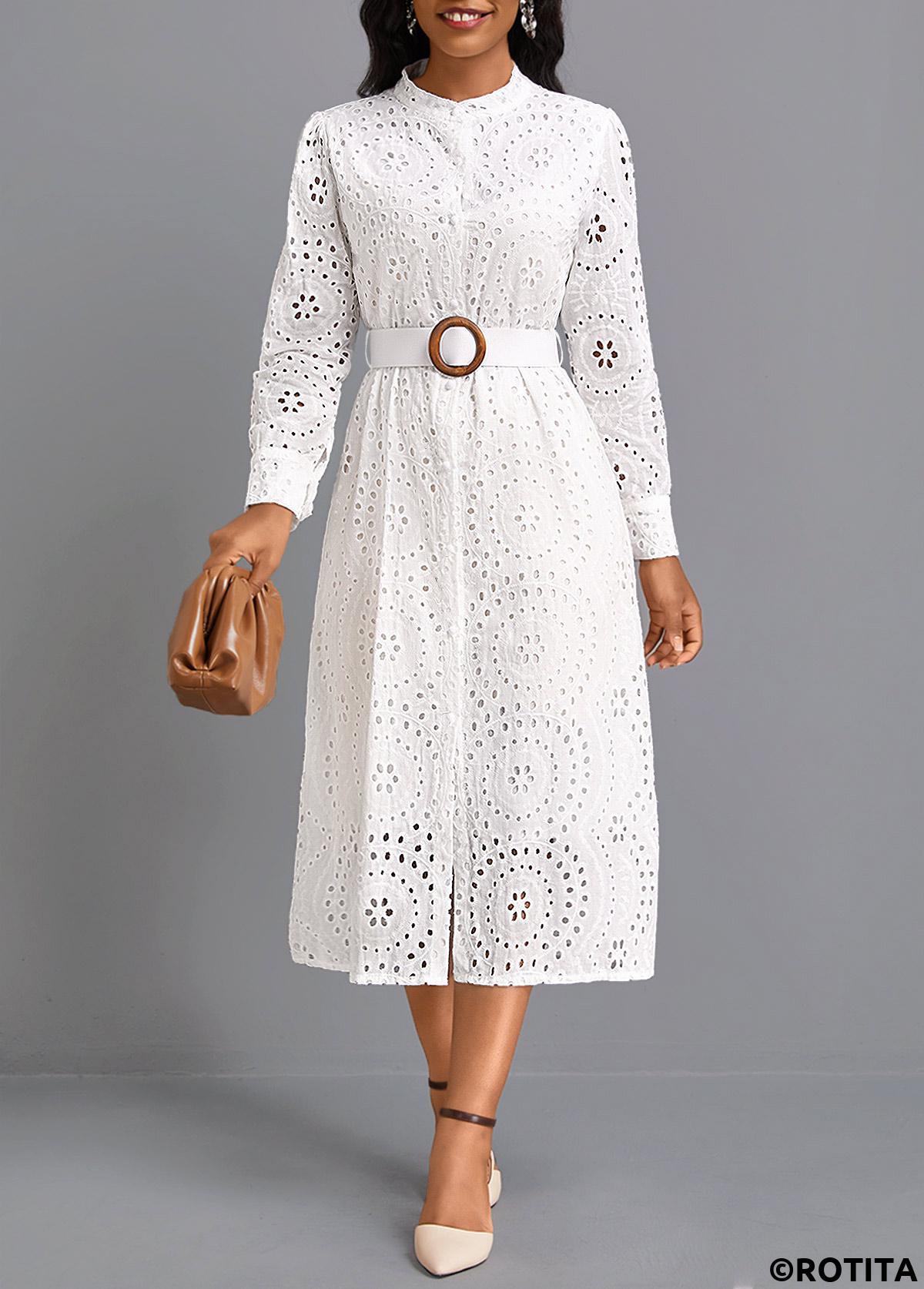 White dresses,Plain Color dresses,Party dresses,Elegant dresses,ROTITA Button White Belted Round Neck Long Sleeve Dress