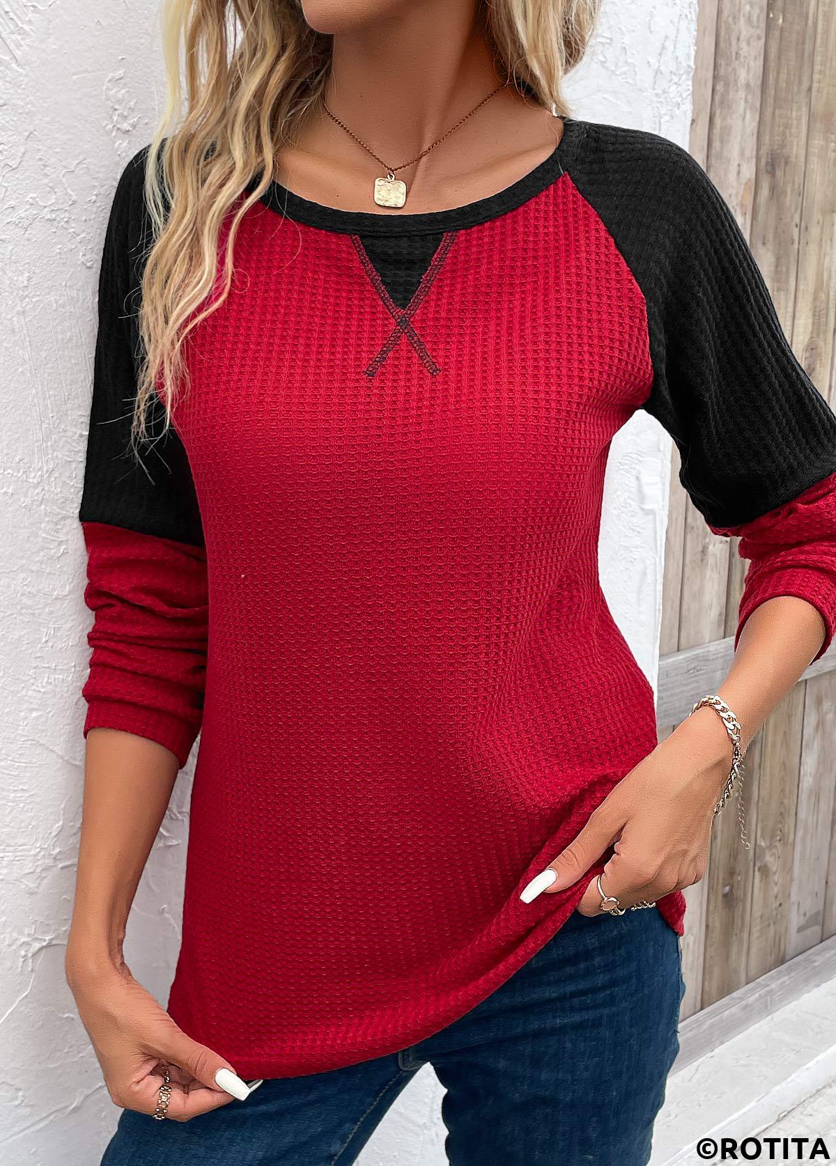 Wine Red tops,Black tops,Contrast Color tops,Patchwork Wine Red Round Neck Long Sleeve T Shirt