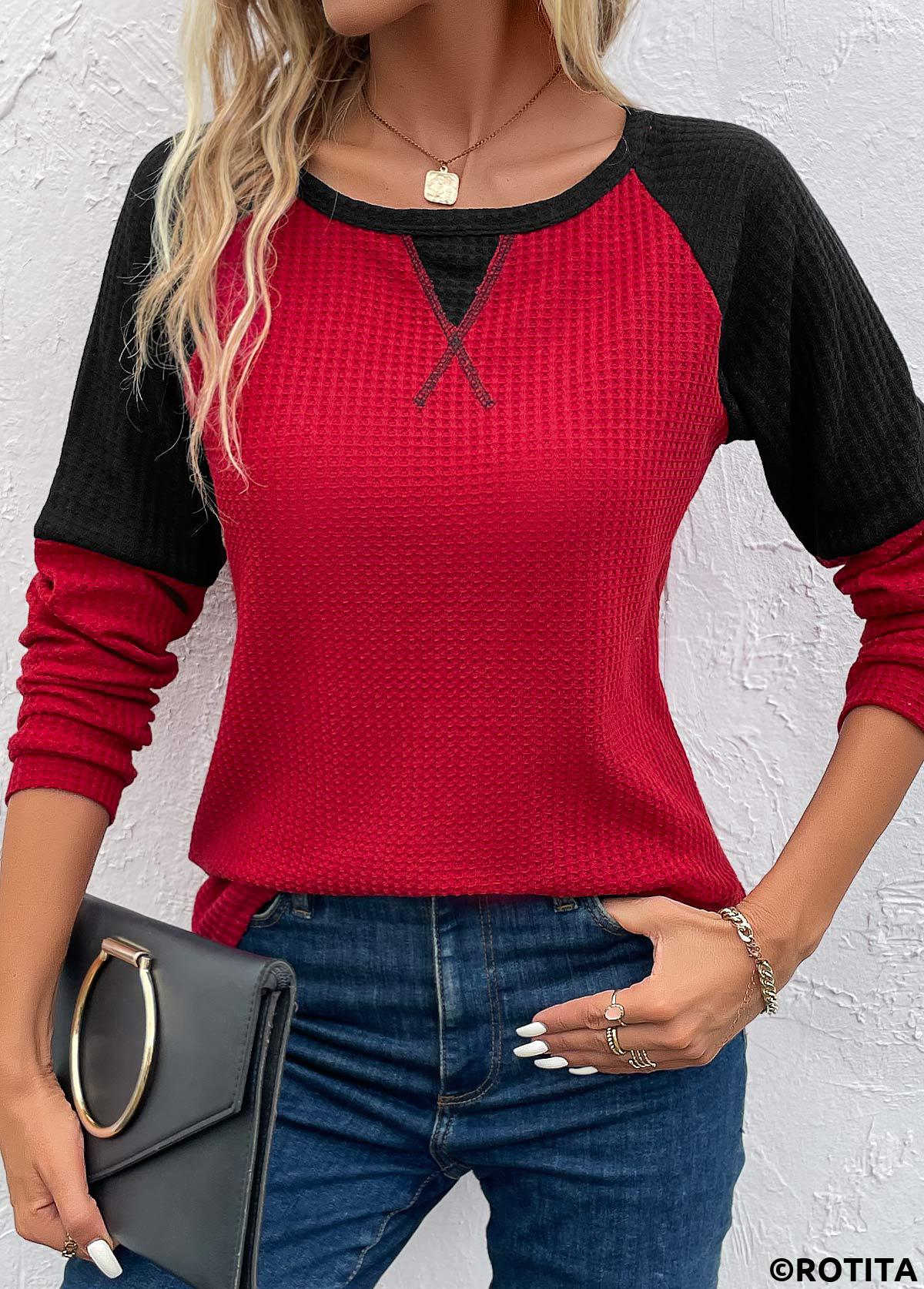 Wine Red tops,Black tops,Contrast Color tops,Patchwork Wine Red Round Neck Long Sleeve T Shirt
