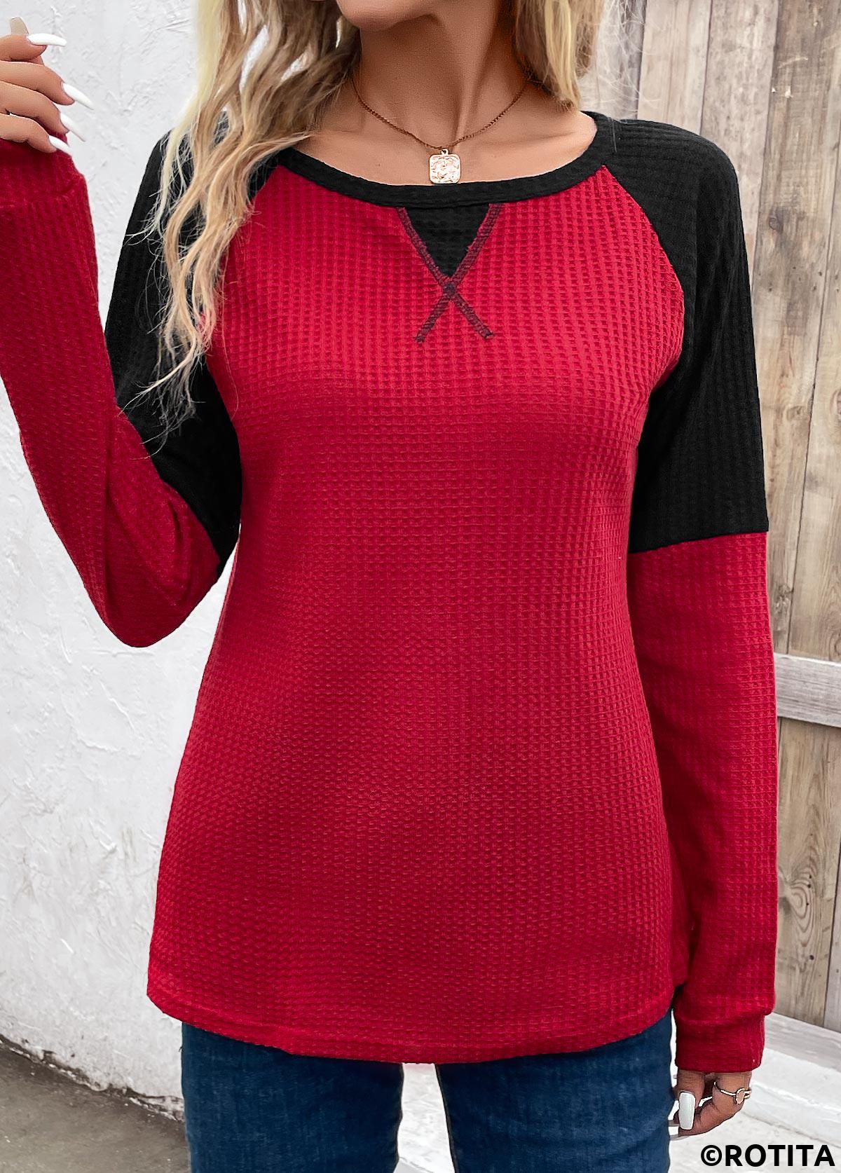 Wine Red tops,Black tops,Contrast Color tops,Patchwork Wine Red Round Neck Long Sleeve T Shirt
