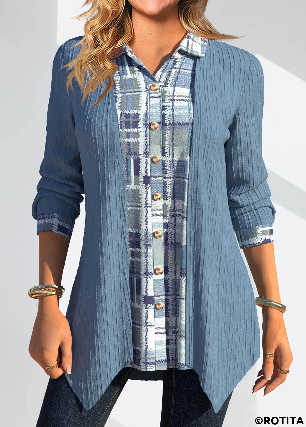 Dusty Blue tops,Geometric tops,Striped tops,ROTITA Patchwork Geometric Print Dusty Blue Shirt Collar Blouse