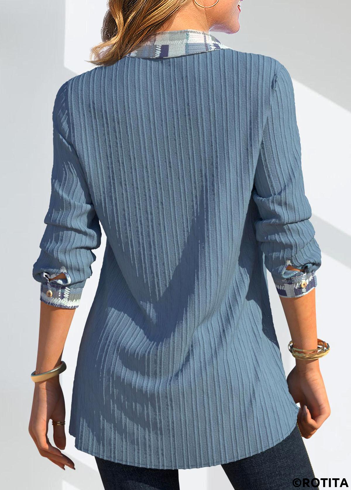 Dusty Blue tops,Geometric tops,Striped tops,ROTITA Patchwork Geometric Print Dusty Blue Shirt Collar Blouse