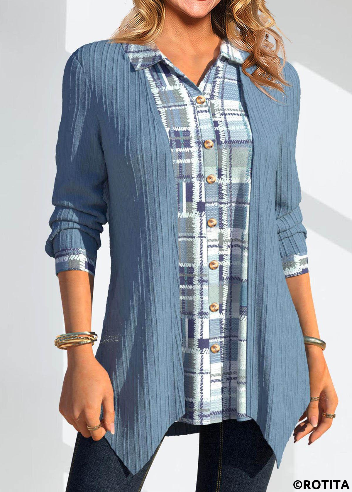 Dusty Blue tops,Geometric tops,Striped tops,ROTITA Patchwork Geometric Print Dusty Blue Shirt Collar Blouse