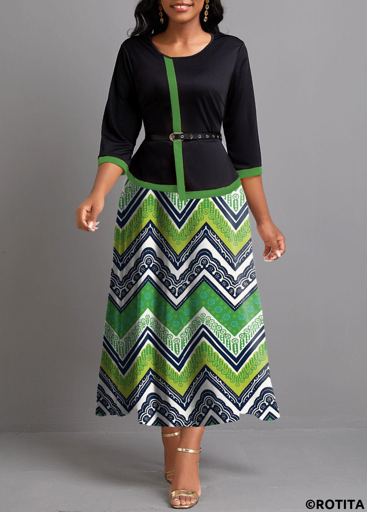 ROTITA Fake 2in1 Tribal Print Green Maxi Dress