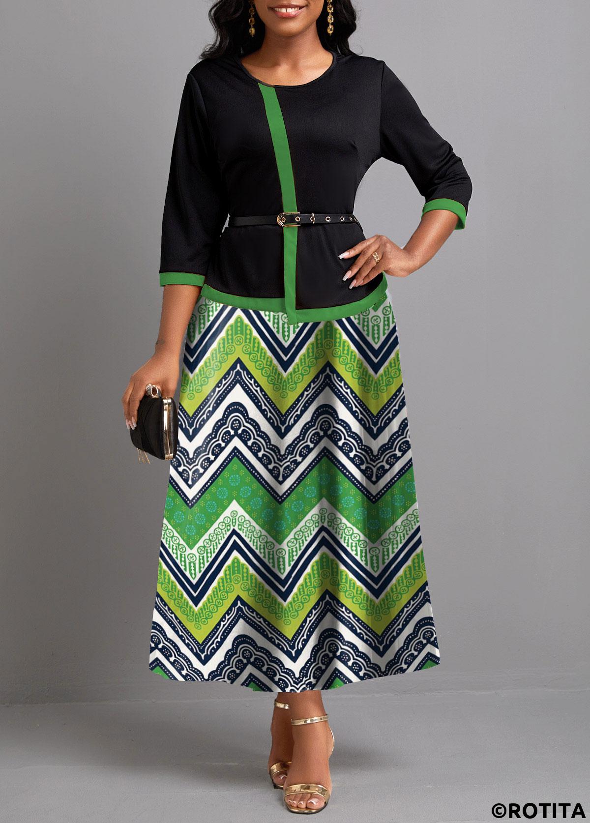 ROTITA Fake 2in1 Tribal Print Green Maxi Dress