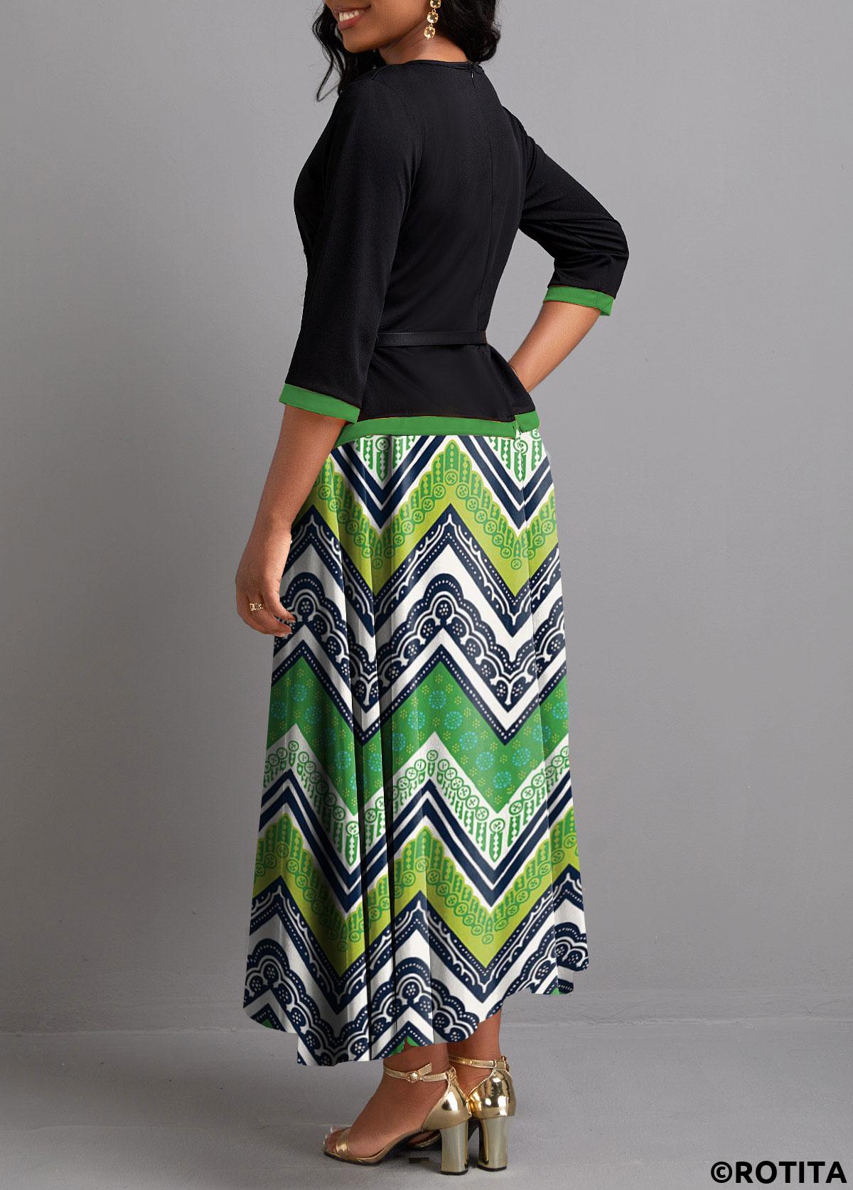 ROTITA Fake 2in1 Tribal Print Green Maxi Dress