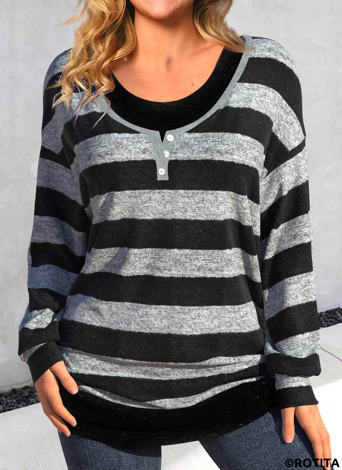 rotita fake 2in1 t-shirt rayé noir à encolure dégagée