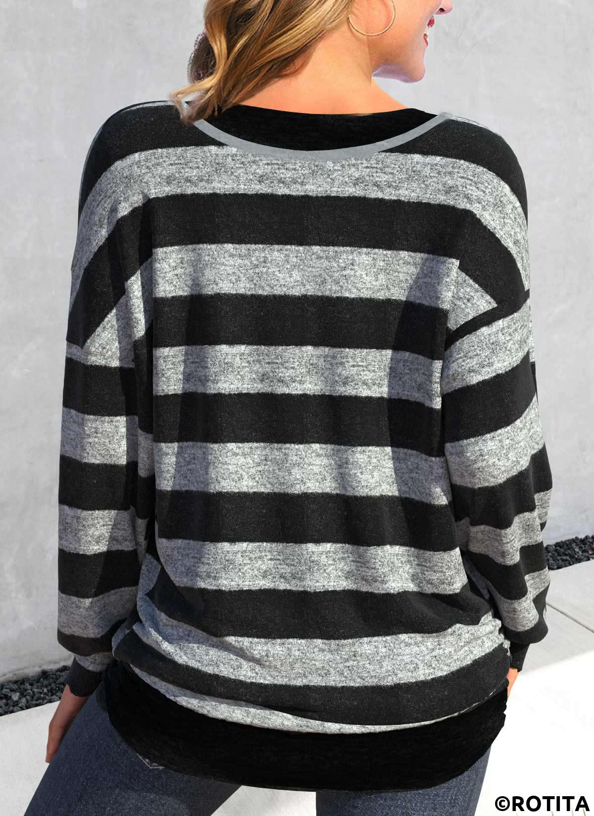 rotita fake 2in1 t-shirt rayé noir à encolure dégagée