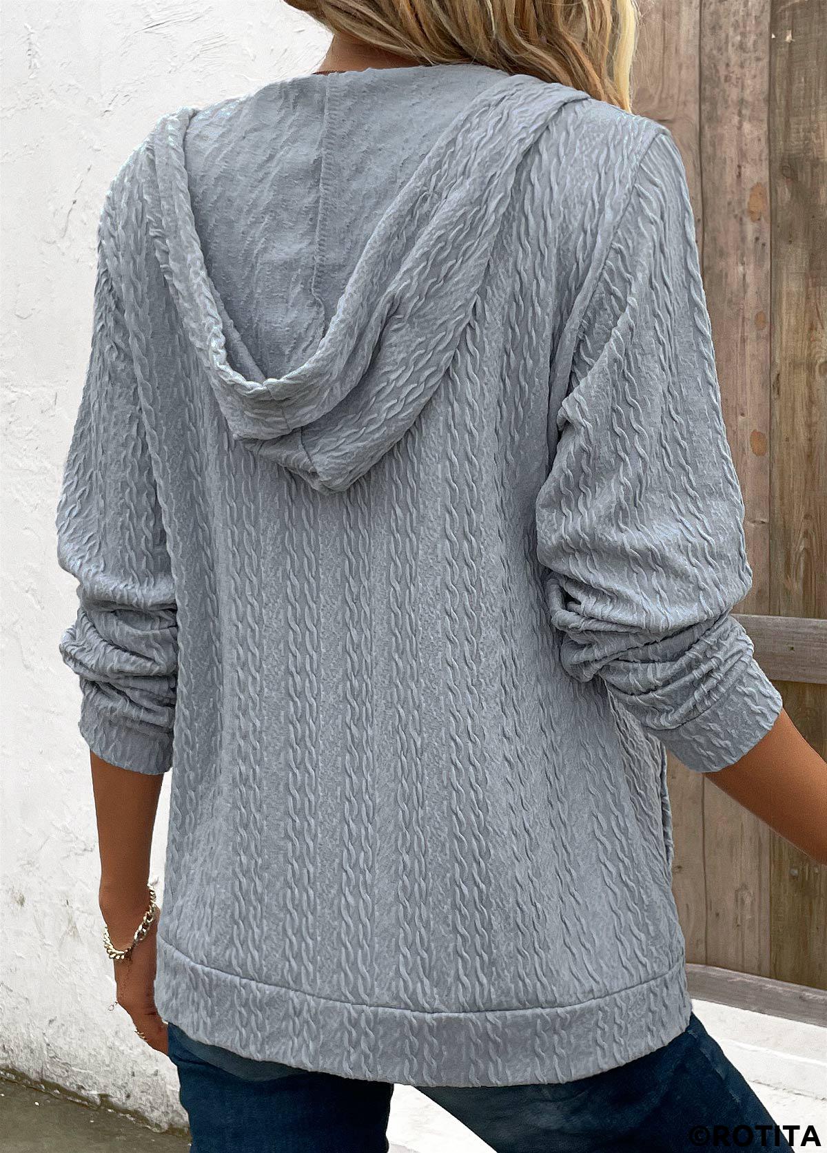 Light Grey tops,Plain Color tops,Pocket Light Grey Hooded Long Sleeve Coat