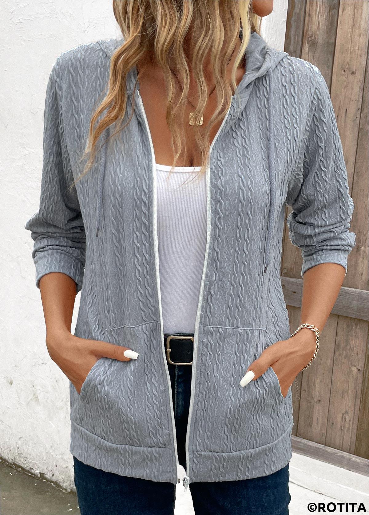 Light Grey tops,Plain Color tops,Pocket Light Grey Hooded Long Sleeve Coat